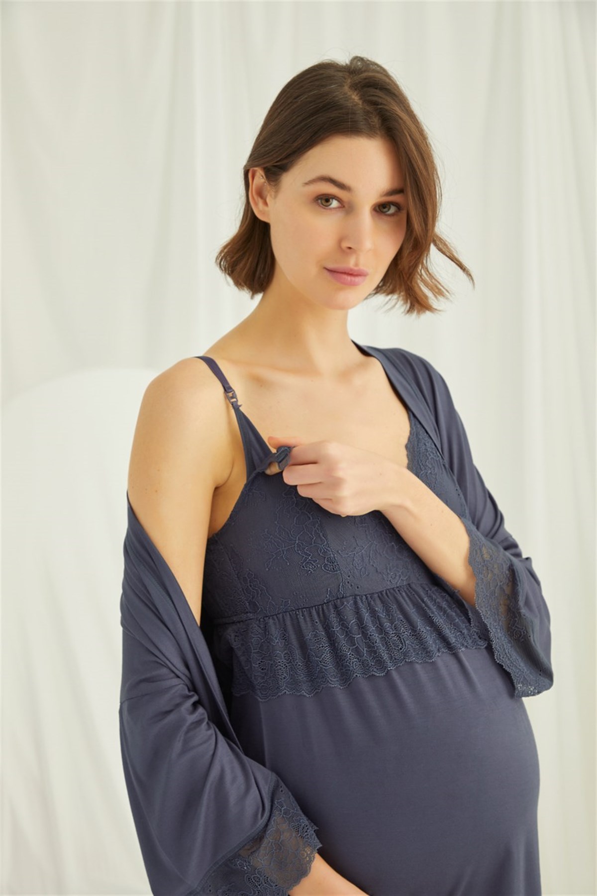 Monamise 18432453 Kadın Lacivert Hamile Lohusa Seti Sabahlık Gecelik Pijama Takım