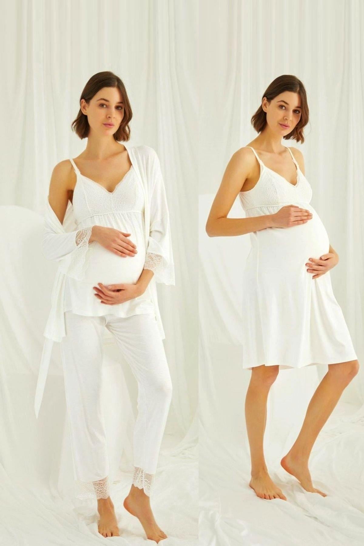 Monamise 18433489 Kadın Ekru Hamile Lohusa Seti Sabahlık Gecelik Pijama Takım