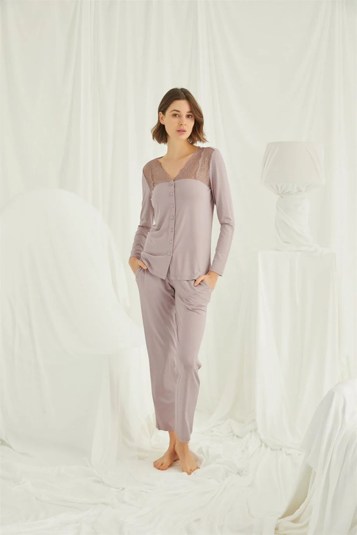 Monamise 18434 Kadın Vizon Uzun Kollu Pijama Takım