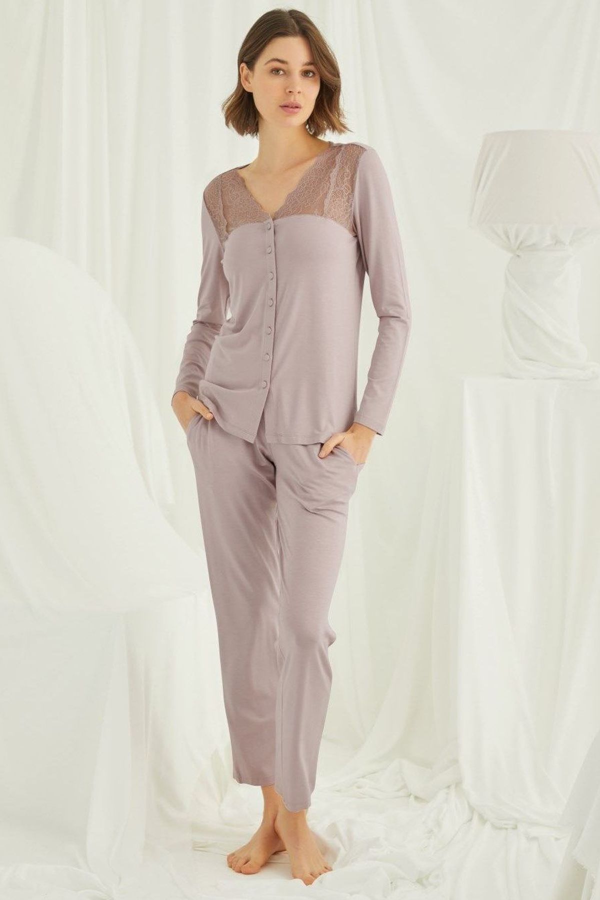 Monamise 18434 Kadın Vizon Uzun Kollu Pijama Takım