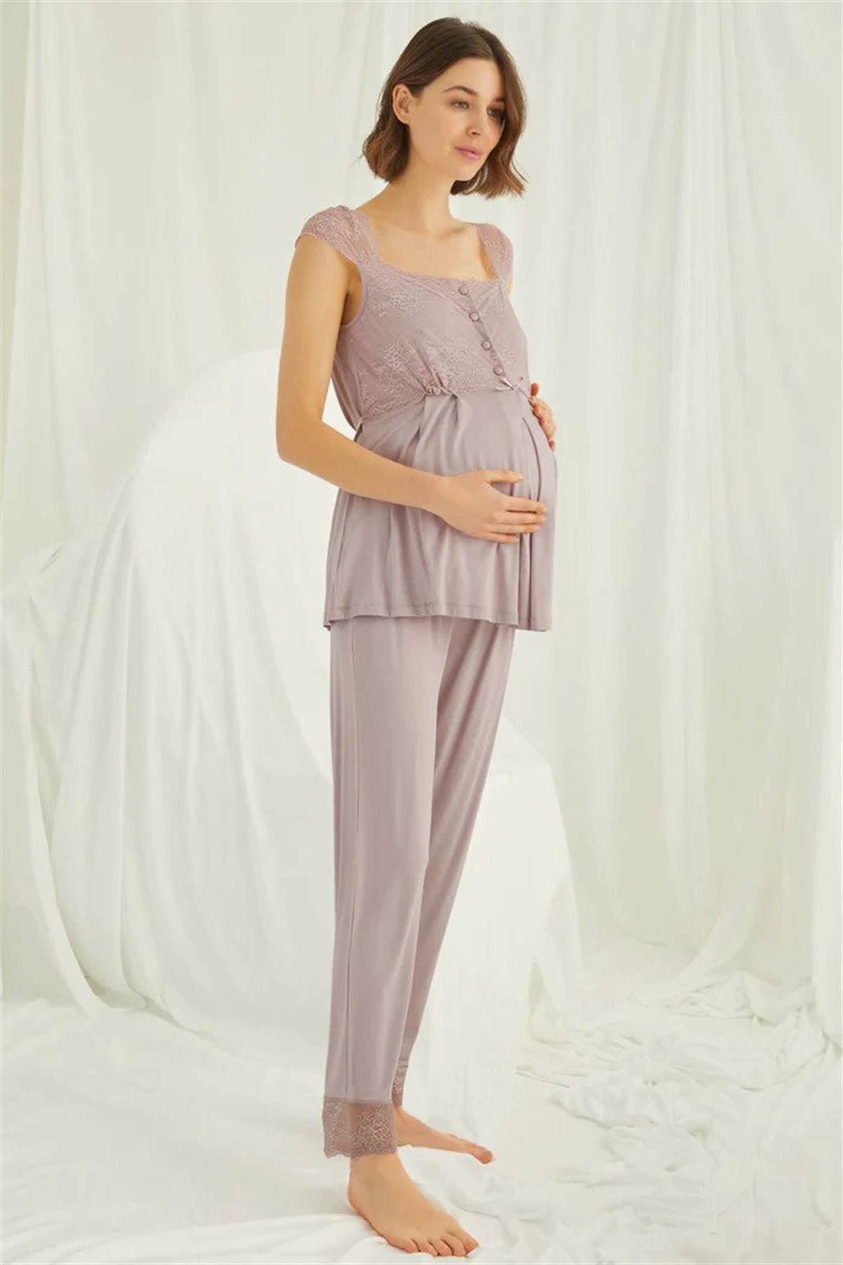 Monamise 18438440 Kadın Vizon Hamile Lohusa Seti Sabahlık Gecelik Pijama Takım