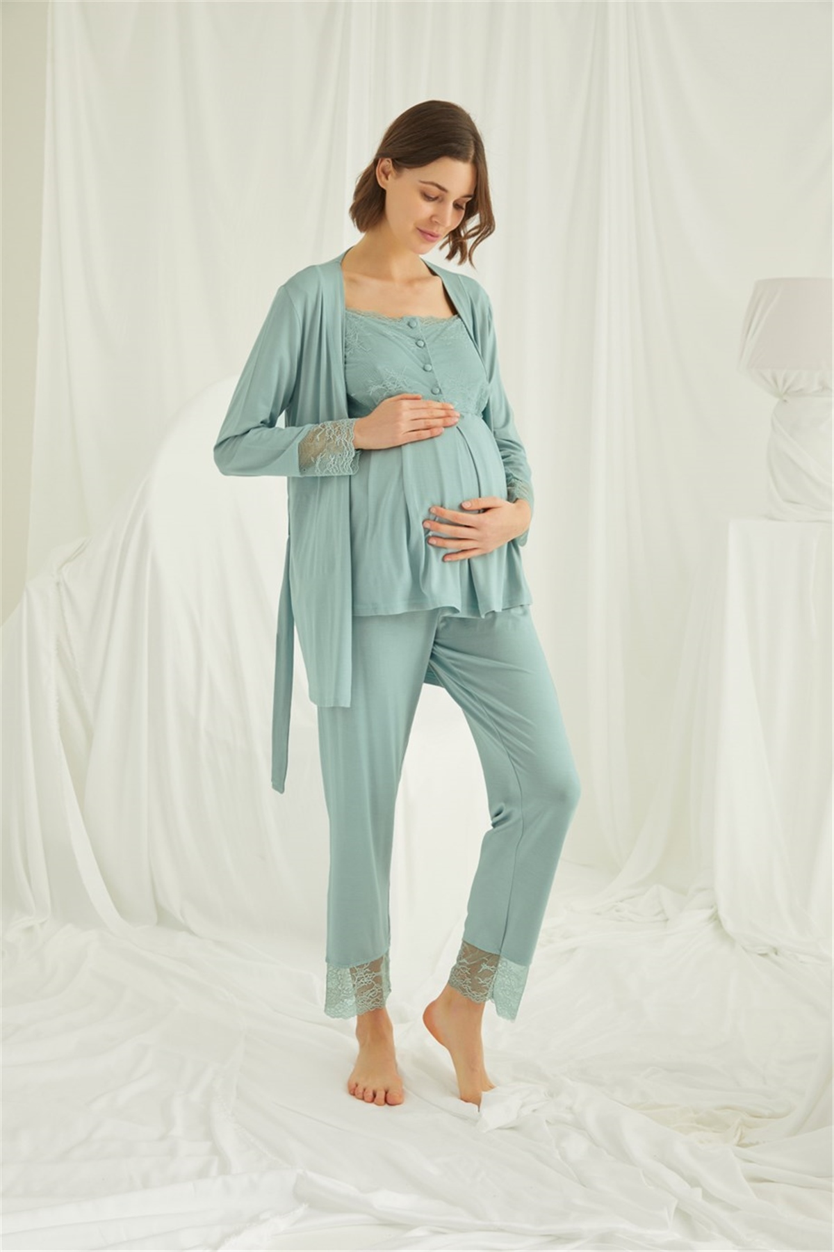 Monamise 18468 Kadın Açık Yeşil Dantelli Önü Düğmeli Hamile Lohusa 3lü Sabahlıklı Pijama Takımı