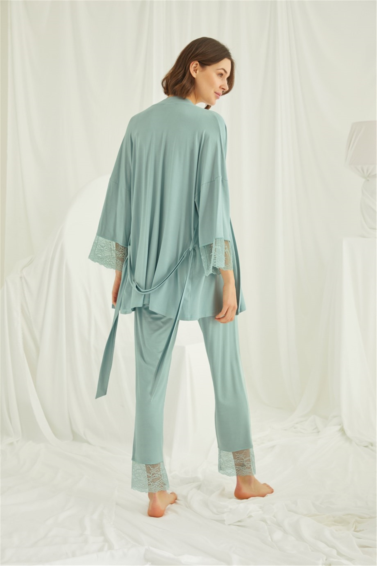 Monamise 18469 Kadın Açık Yeşil Dantelli Hamile Lohusa 3lü Askılı Sabahlıklı Pijama Takımı