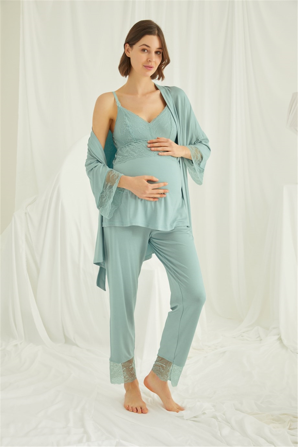 Monamise 18469 Kadın Açık Yeşil Dantelli Hamile Lohusa 3lü Askılı Sabahlıklı Pijama Takımı