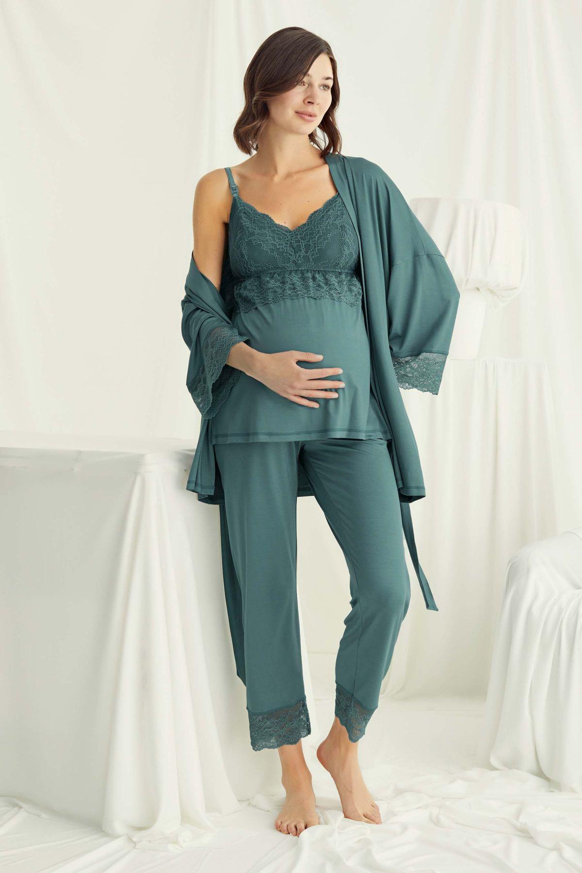 Monamise 18523 Kadın Yesıl Hamile Lohusa Sabahlıklı Emzirme Özellikli Pijama Takımı