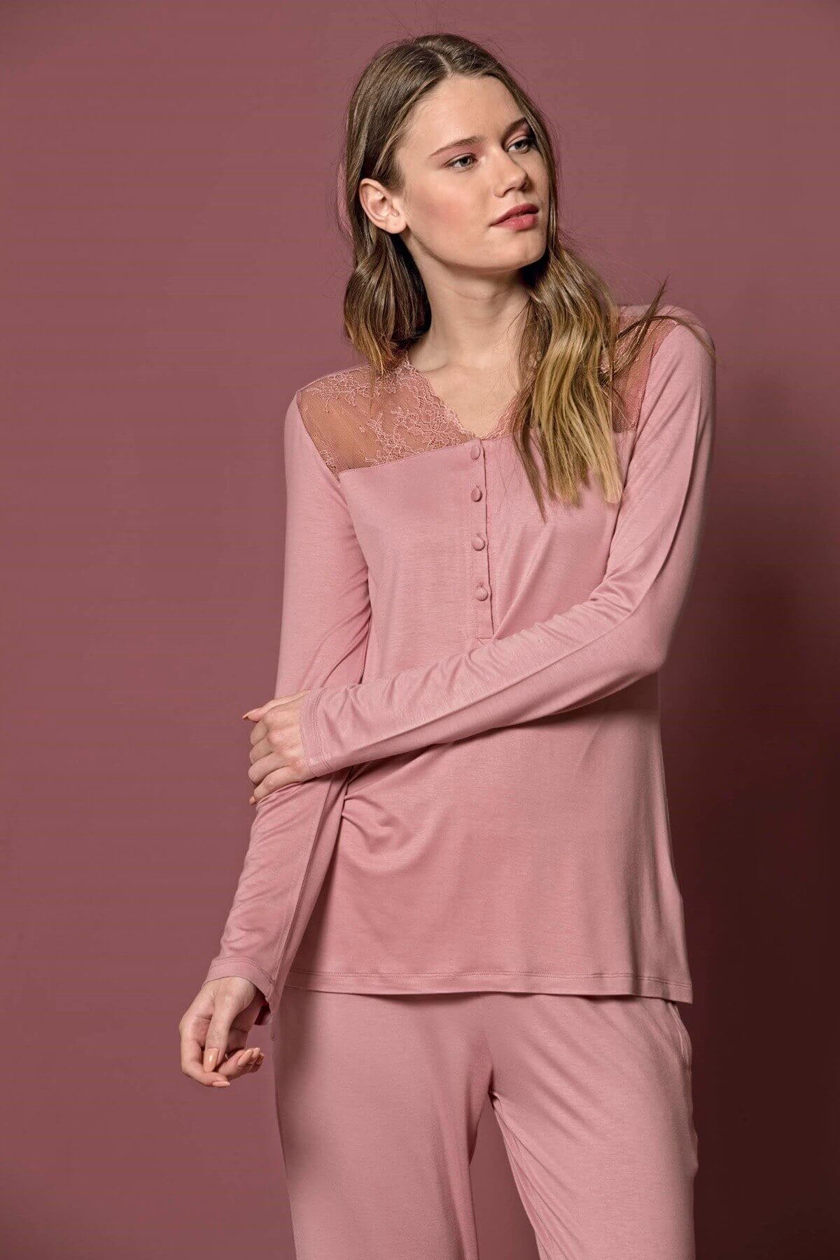 Monamise 19215 Kadın Pembe Uzun Kollu Pijama Takım