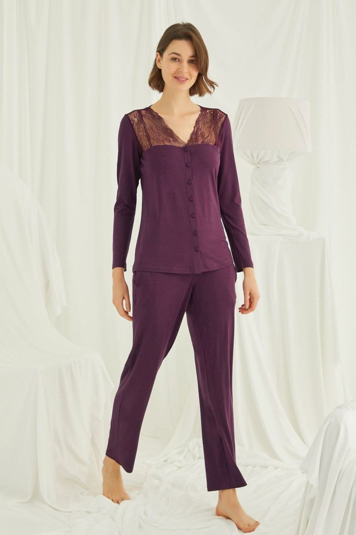 Monamise 19230 Kadın Bordo Uzun Kollu Pijama Takım