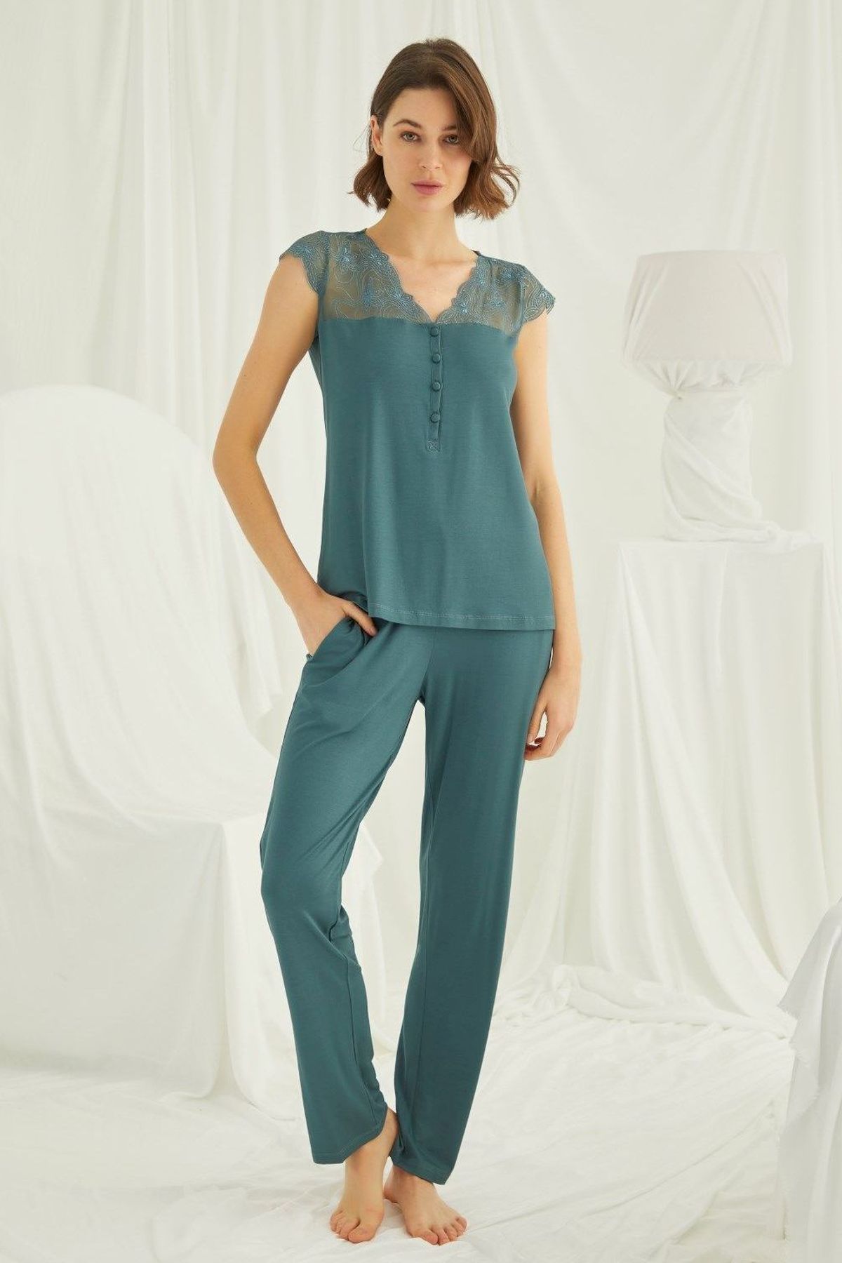Monamise 19303 Kadın Yeşil Kısa Kollu Pijama Takım