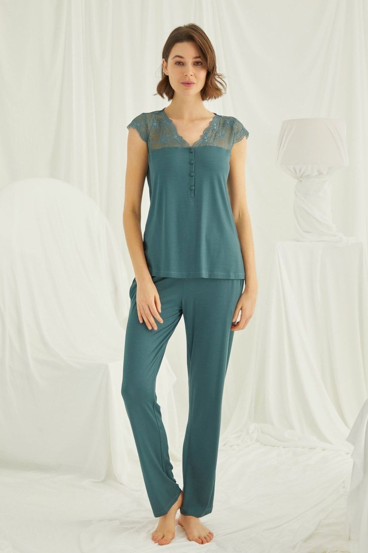 Monamise 19303 Kadın Yeşil Kısa Kollu Pijama Takım