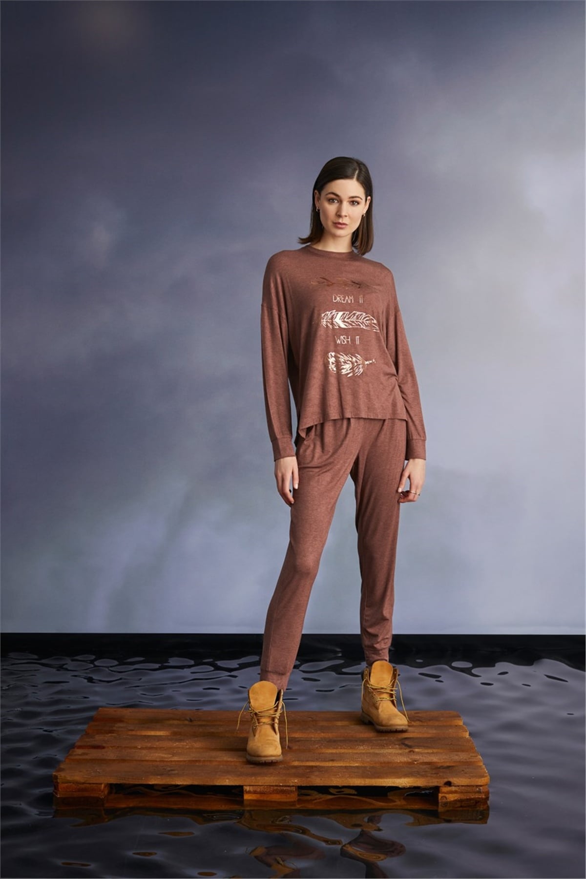 Monamise 22113 Kadın Baskılı Örme Kumaş Uzun Kol Pijama Takımı