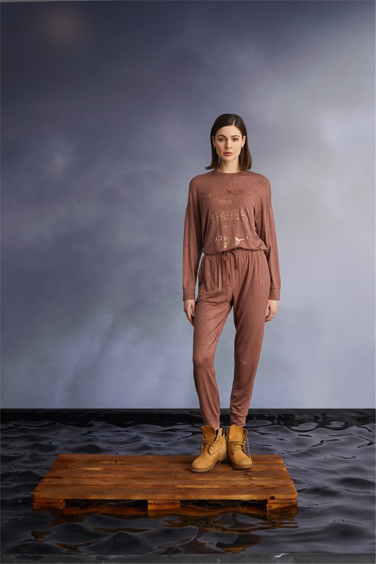 Monamise 22113 Kadın Baskılı Örme Kumaş Uzun Kol Pijama Takımı