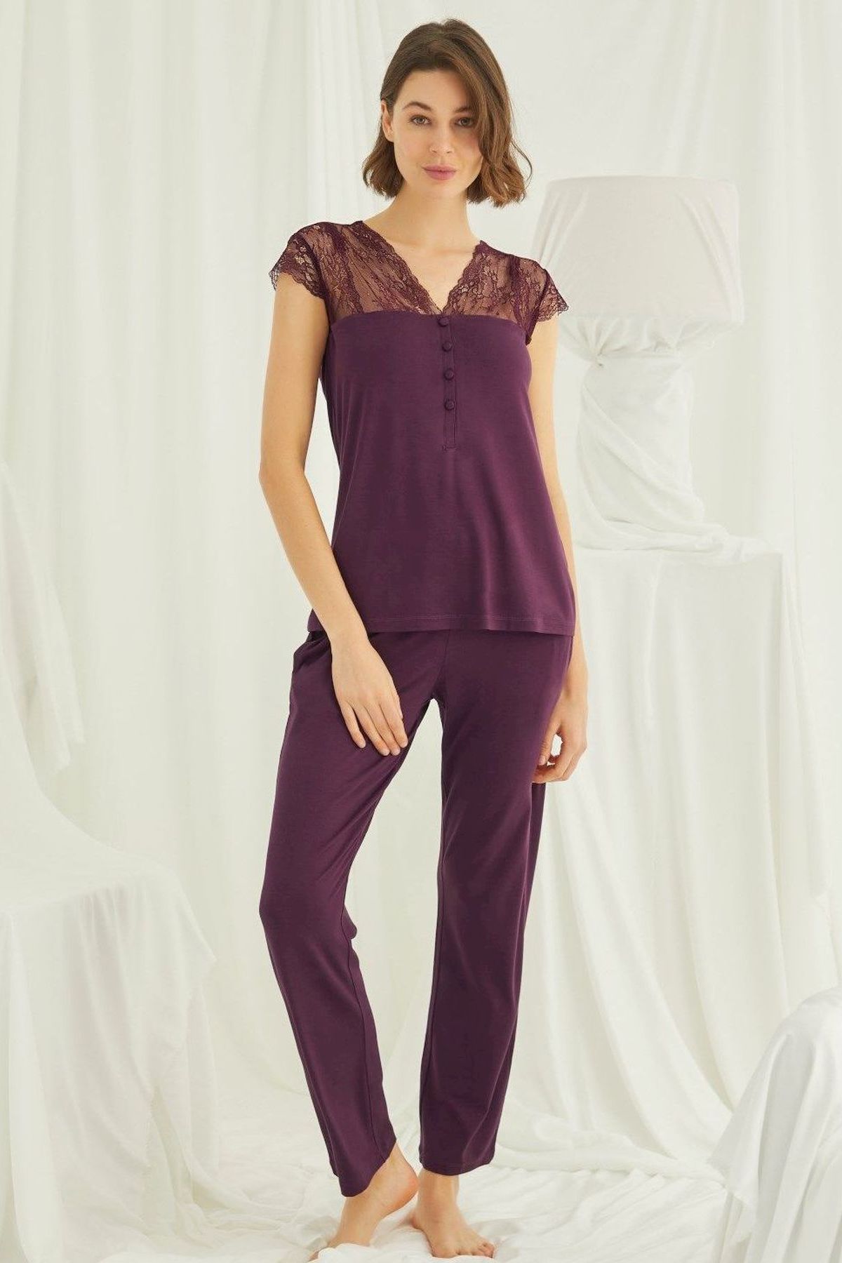 Monamise Kadın Bordo Kısa Kollu Pijama Takım 18420