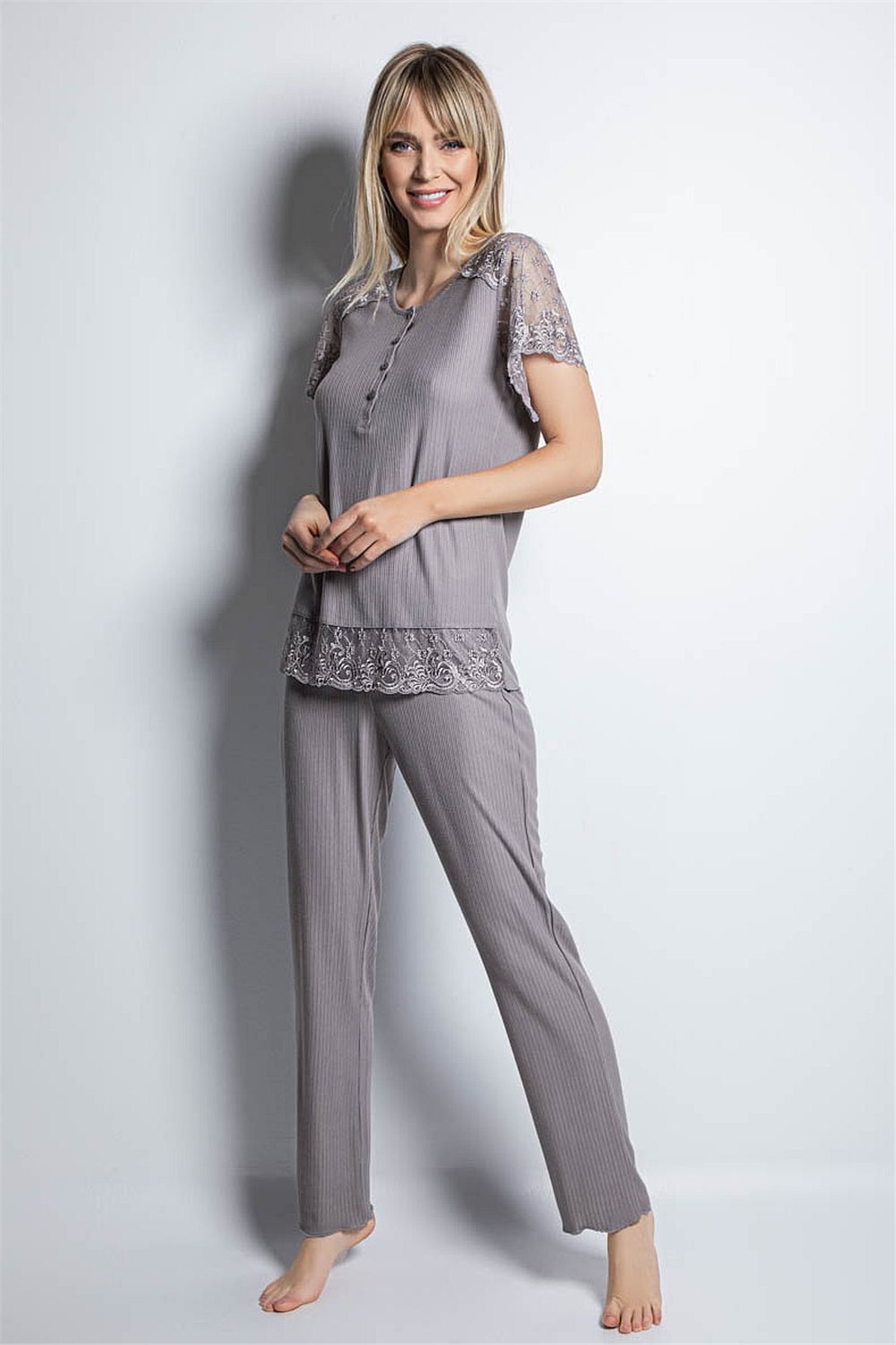 Monamise Kadın Gri Kısa Kollu Pijama Takım 19161