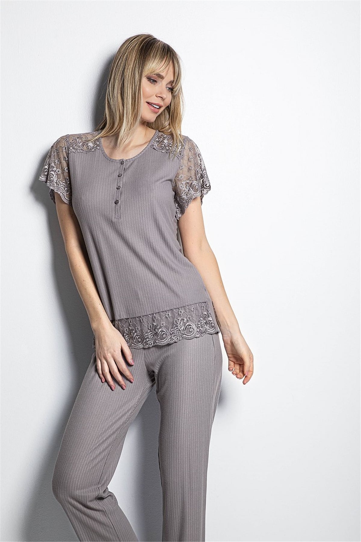 Monamise Kadın Gri Kısa Kollu Pijama Takım 19161