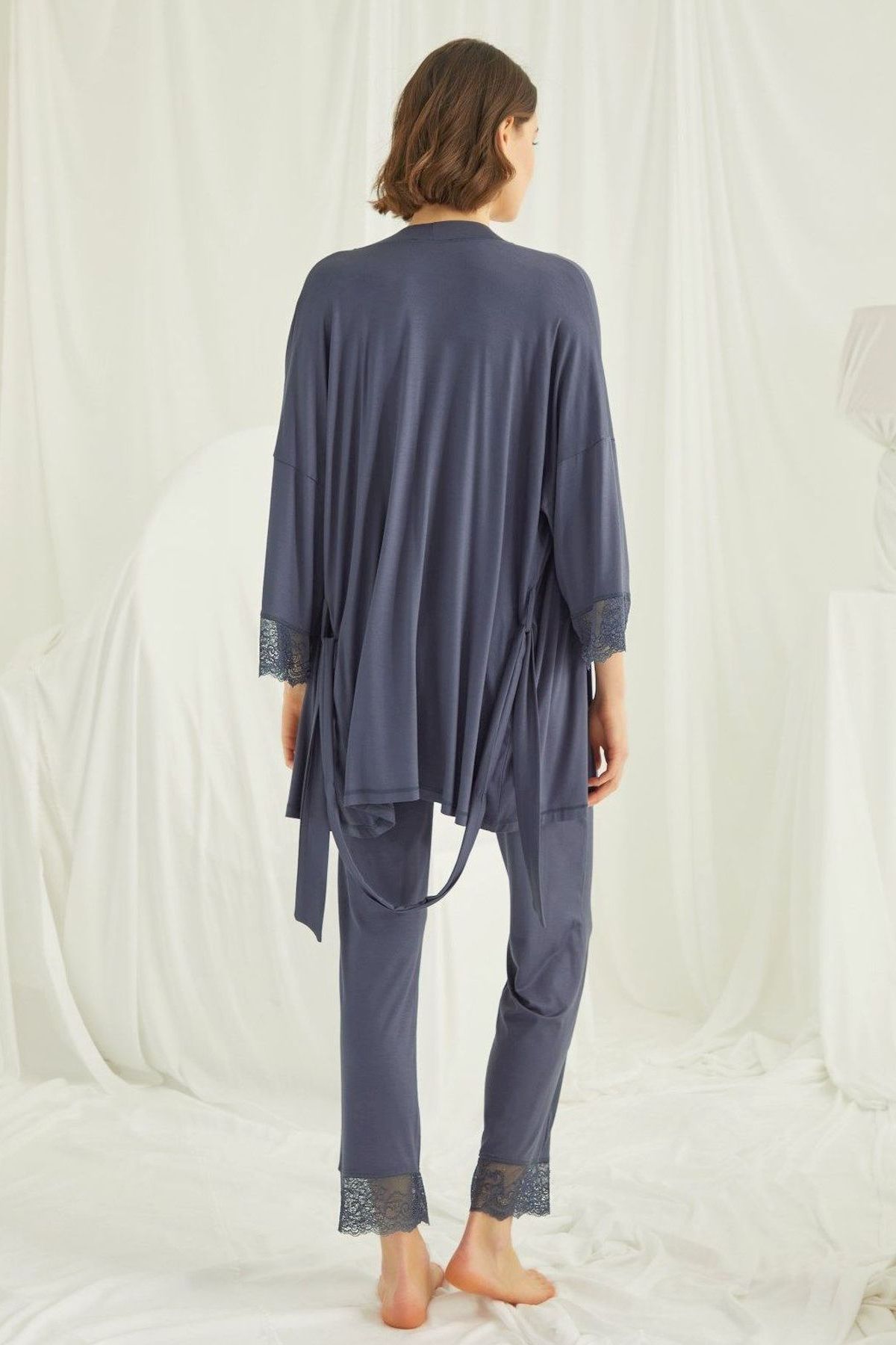 Monamise Kadın Lacivert Hamile Lohusa Sabahlıklı Pijama Takım 18432