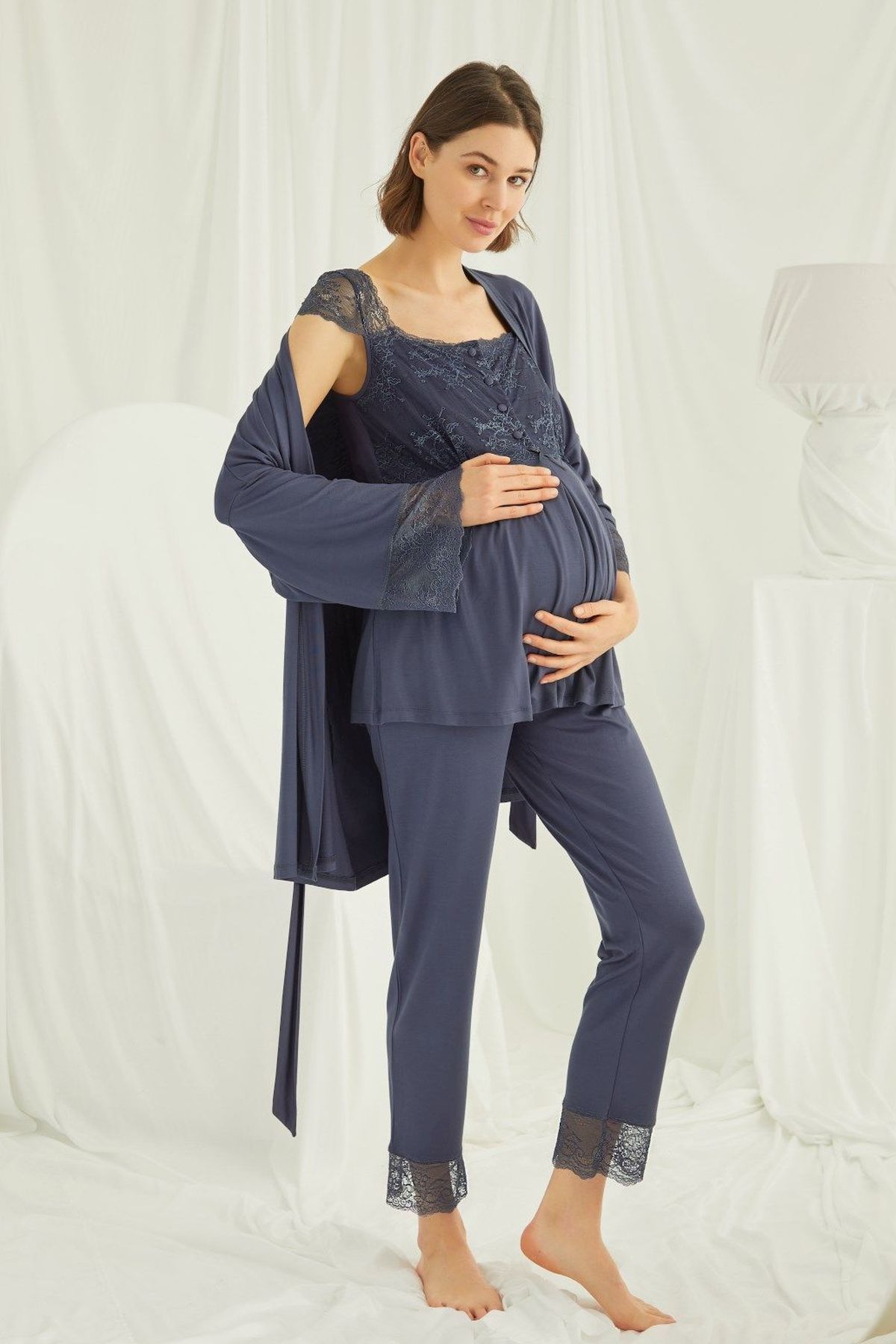 Monamise Kadın Lacivert Hamile Lohusa Sabahlıklı Pijama Takım 18211