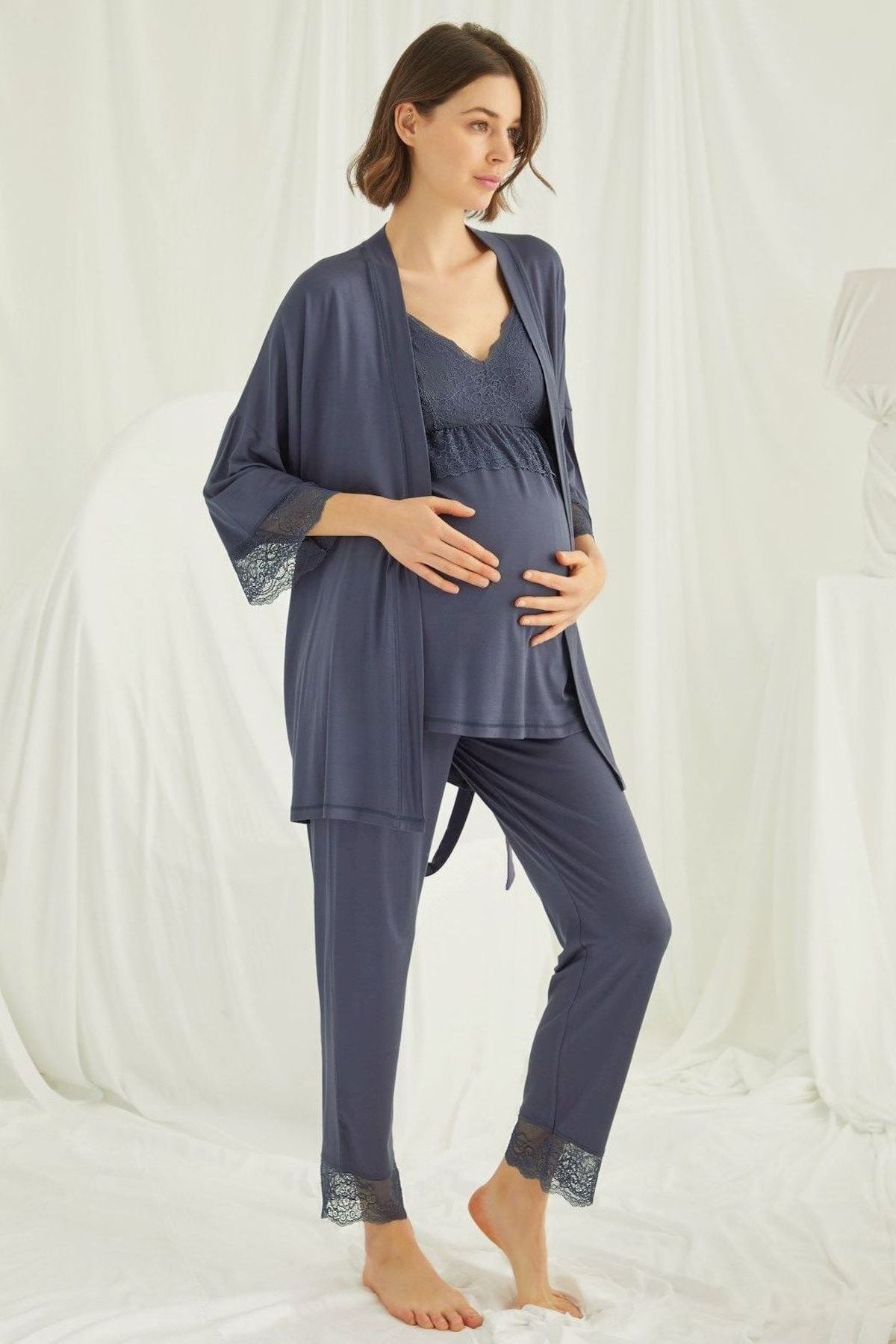 Monamise Kadın Lacivert Hamile Lohusa Sabahlıklı Pijama Takım 18432