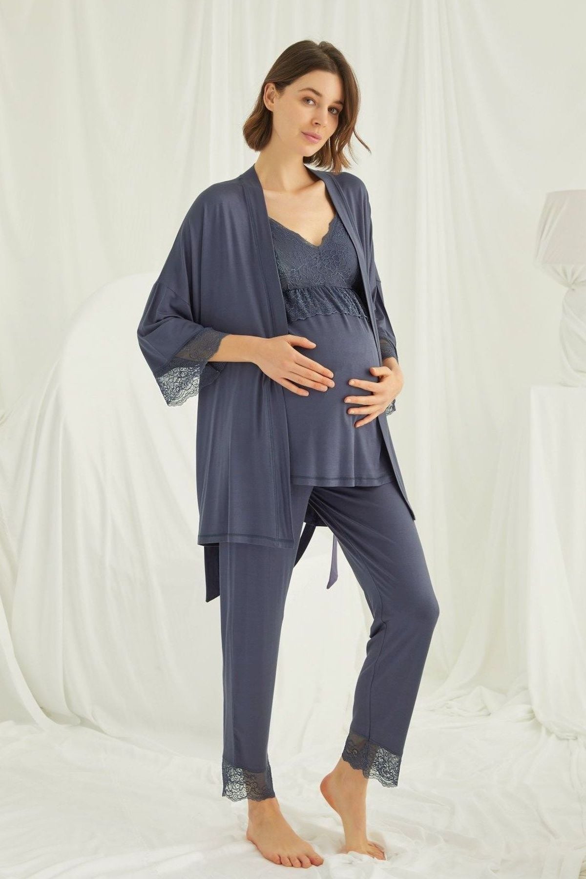 Monamise Kadın Lacivert Hamile Lohusa Sabahlıklı Pijama Takım 18432
