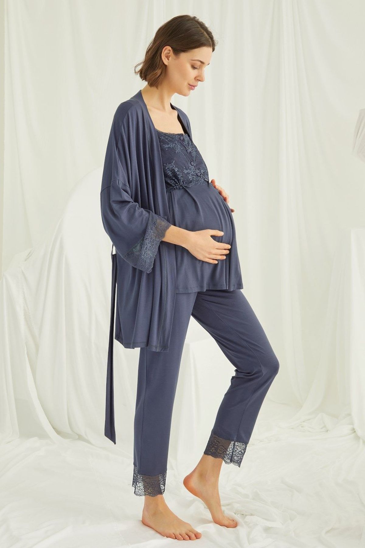 Monamise Kadın Lacivert Hamile Lohusa Sabahlıklı Pijama Takım 18211