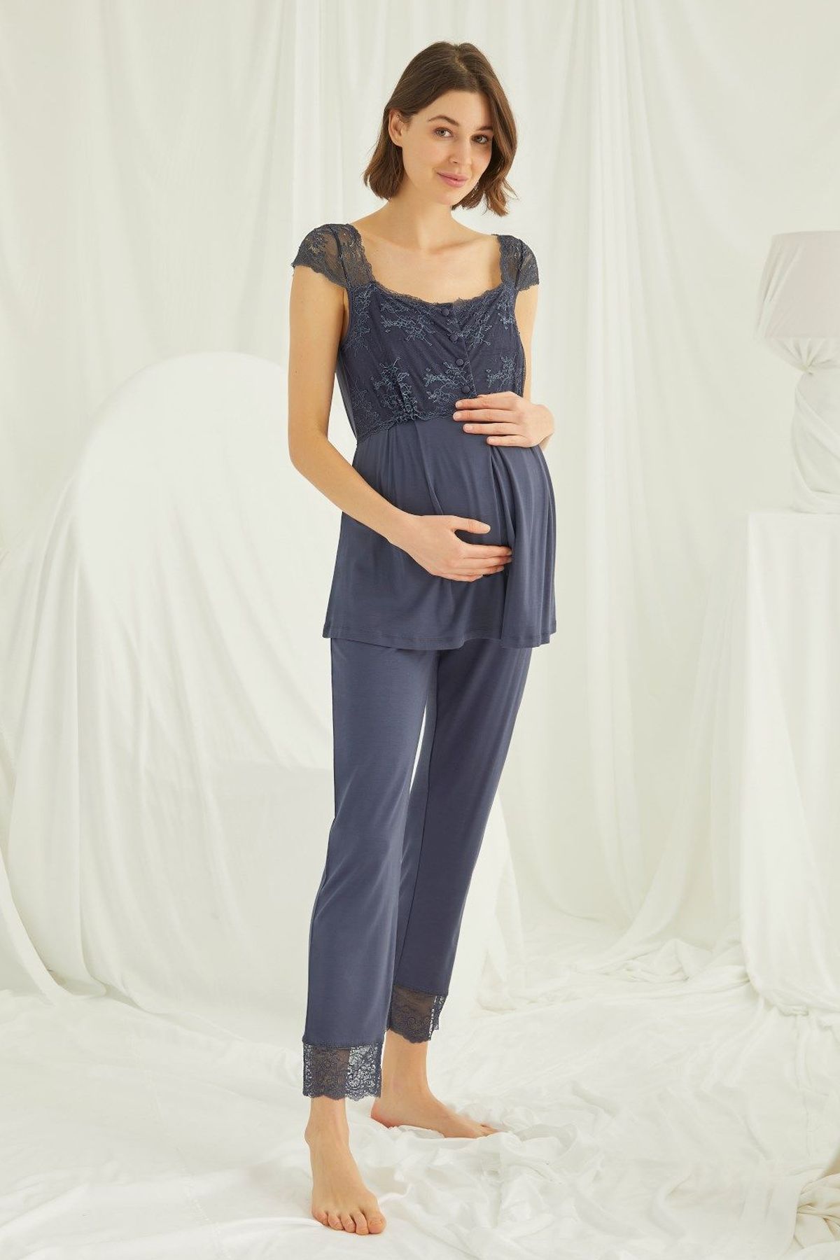 Monamise Kadın Lacivert Hamile Lohusa Sabahlıklı Pijama Takım 18211