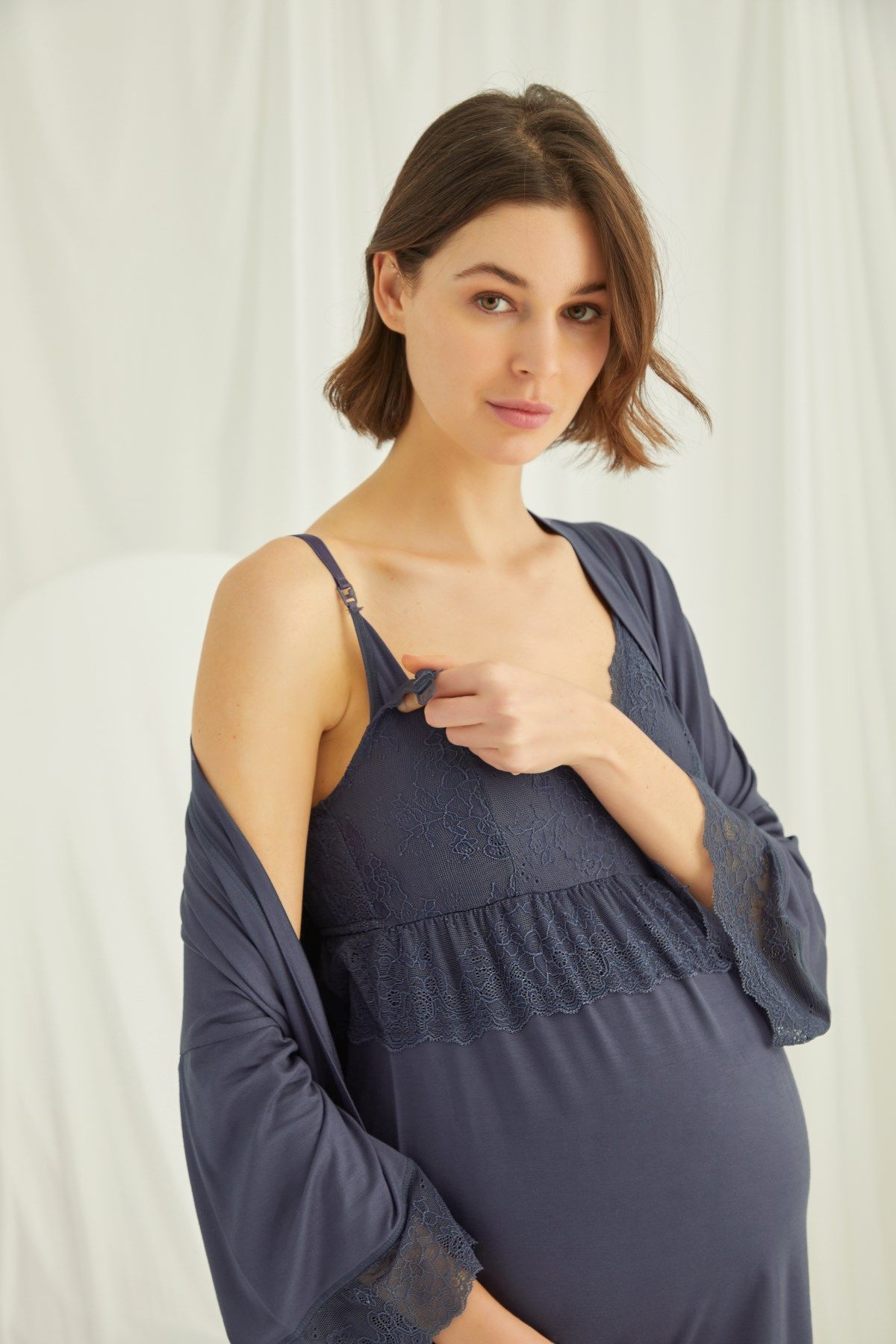 Monamise Kadın Lacivert Hamile Lohusa Sabahlıklı Pijama Takım 18432