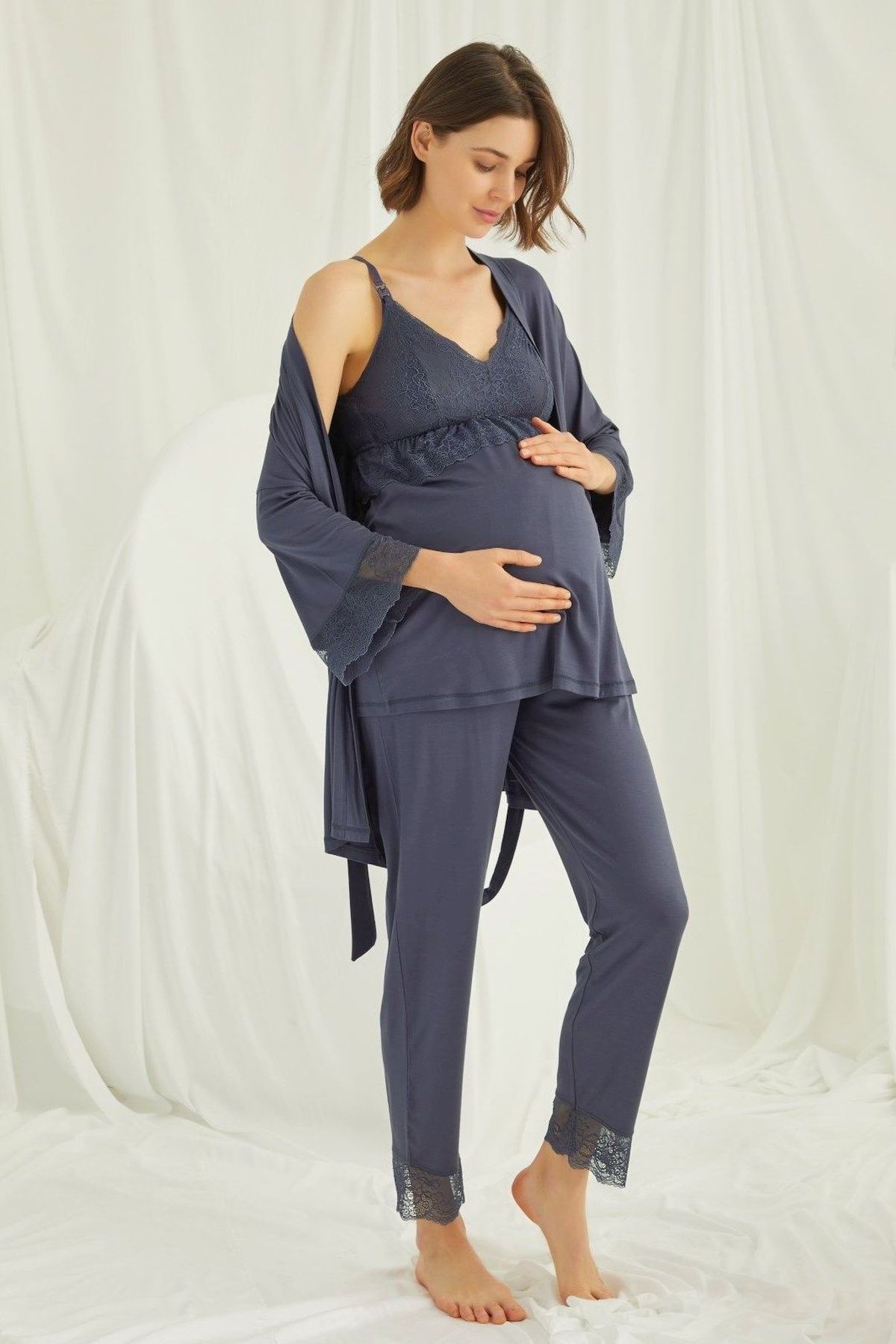 Monamise Kadın Lacivert Hamile Lohusa Sabahlıklı Pijama Takım 18432