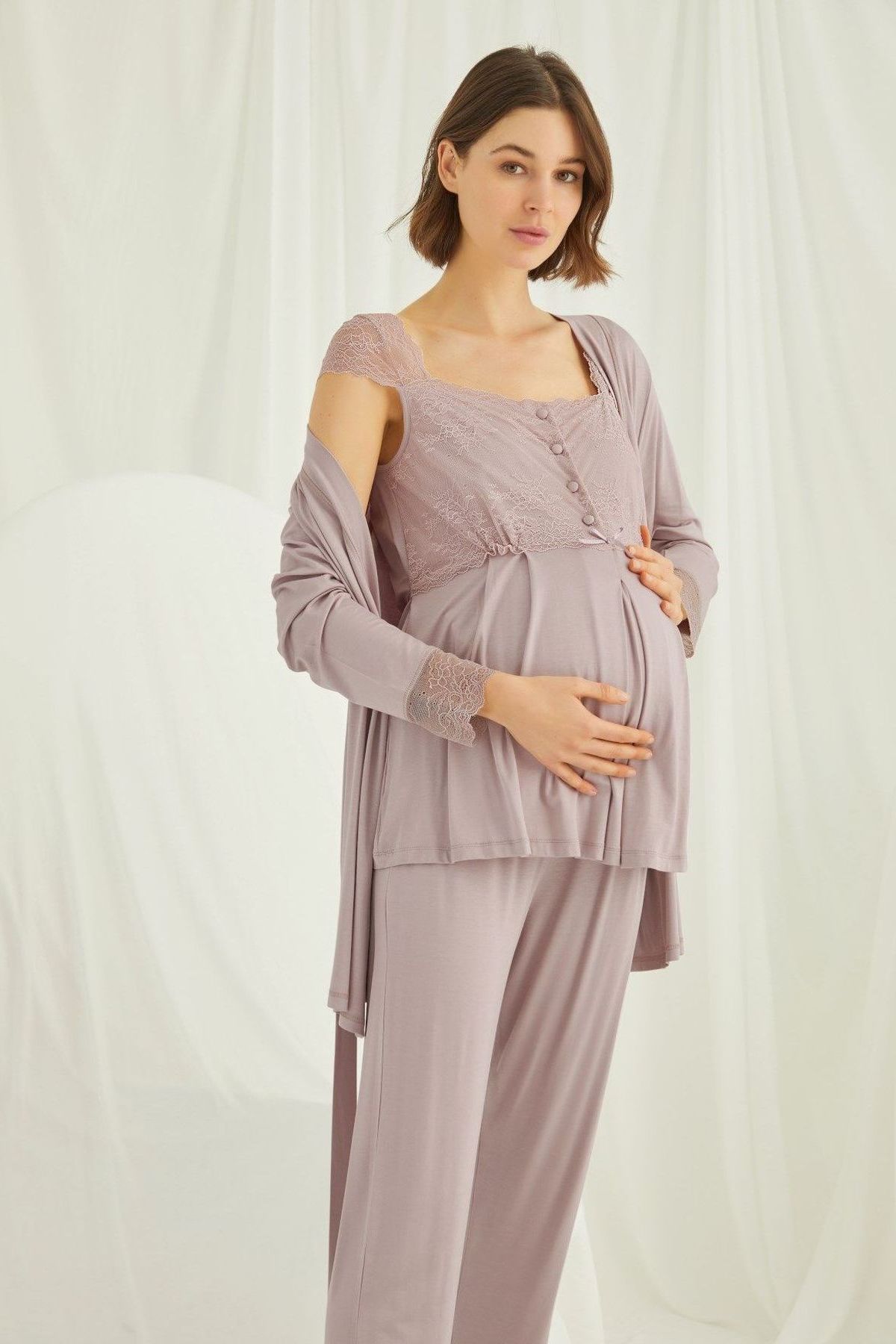 Monamise Kadın Vizon Hamile Lohusa Sabahlıklı Pijama Takım 18441