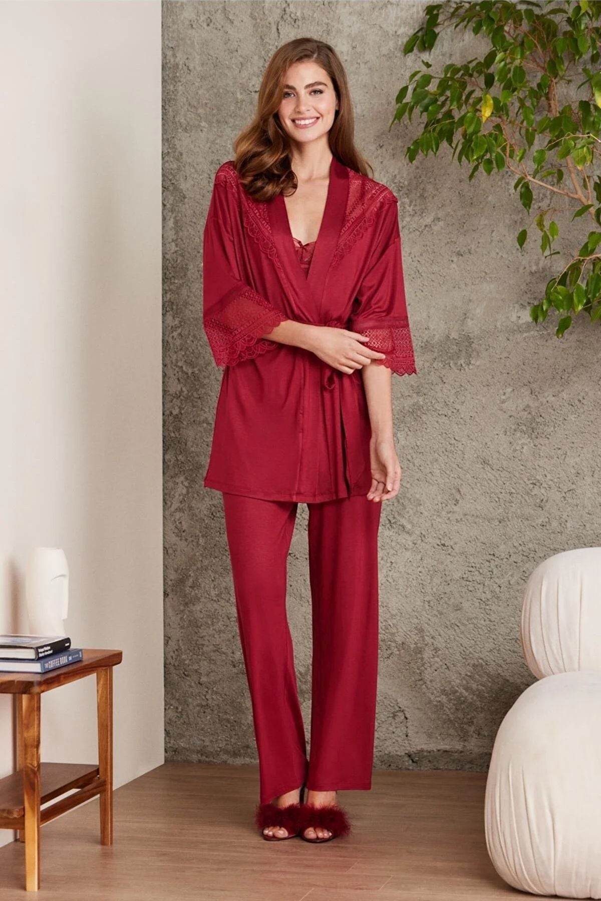 Pierre Cardin 2820 Bordo Dantelli Penye 3lü Kadın Şortlu Pijama Takımı