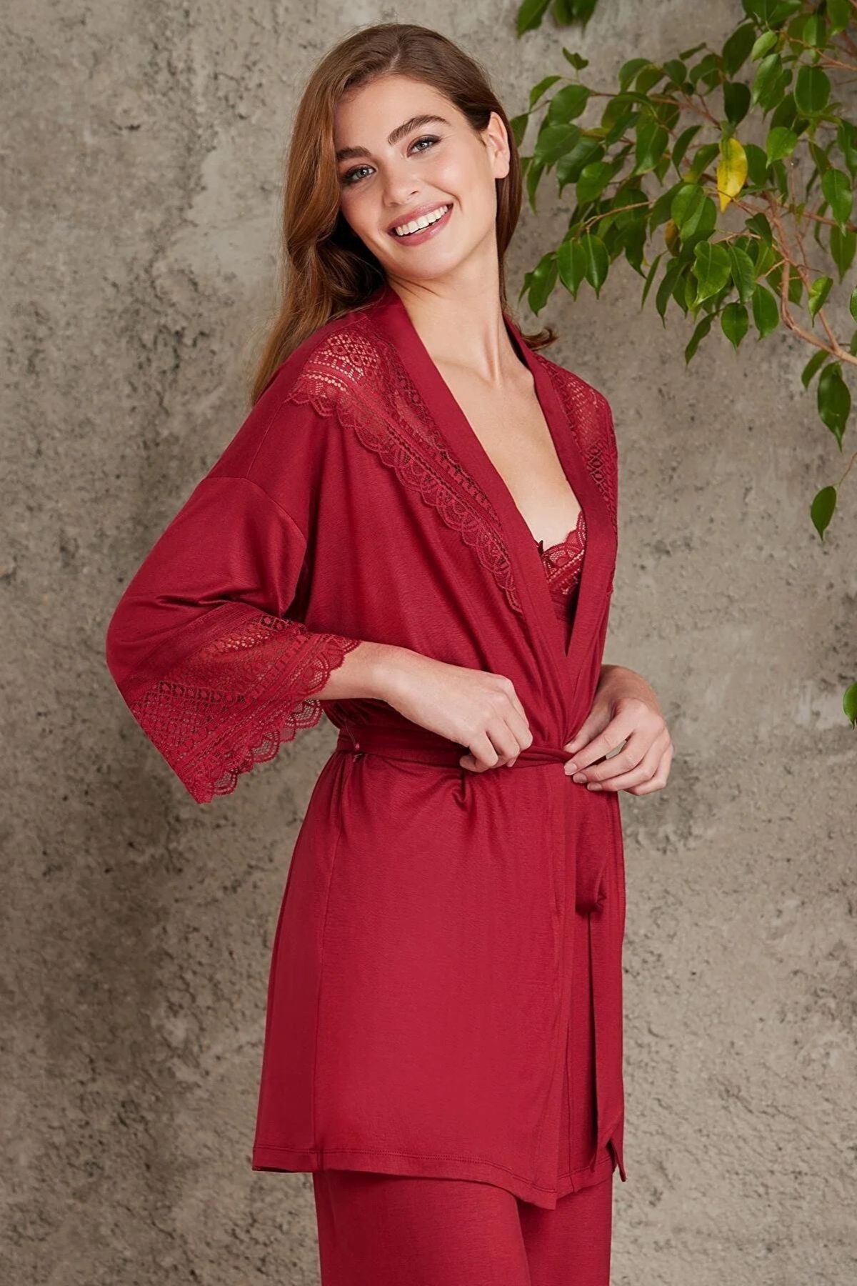 Pierre Cardin 2820 Bordo Dantelli Penye 3lü Kadın Şortlu Pijama Takımı