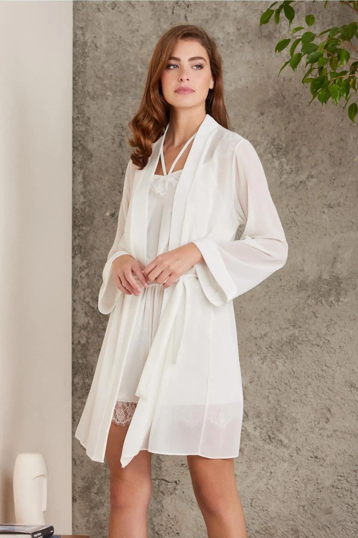 Pierre Cardin 4800 Kadın Ekru Şifon Sabahlık Dantelli Kadife Tulum Takım