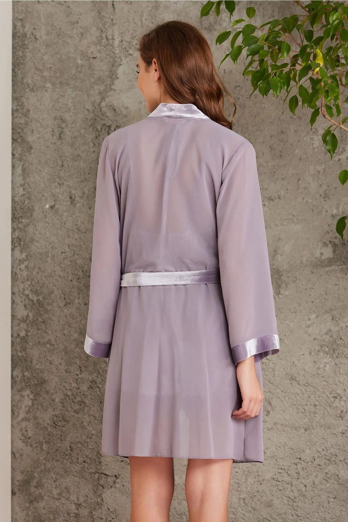 Pierre Cardin 4800 Kadın Royal Şifon Sabahlık Dantelli Kadife Tulum Takım