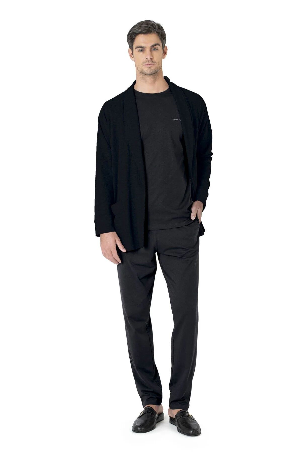 Pierre Cardin 5640 Erkek Siyah Triko Sabahlıklı 5Li Pijama Takım