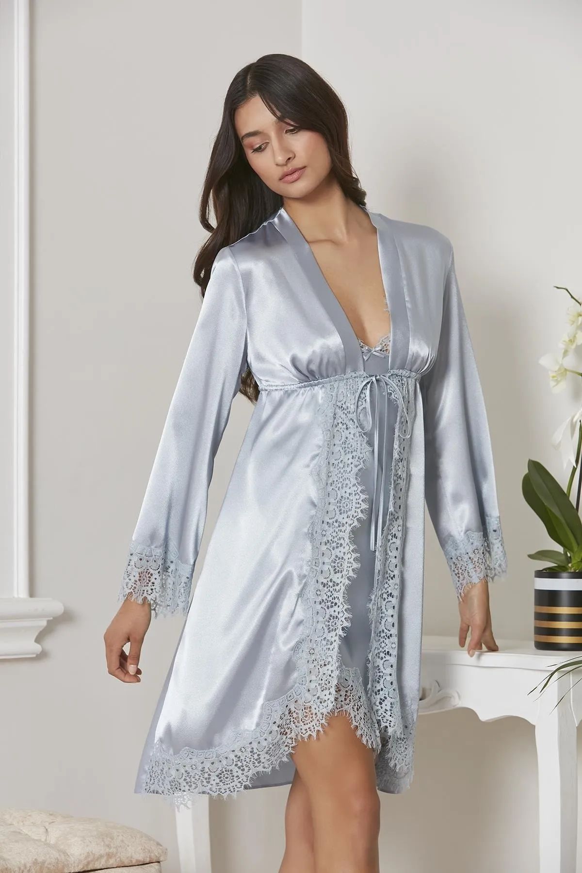 Pierre Cardin 7045 Kadın Mist Bride Sabahlık Gecelik Şort Takım Saten 4lü Gelin Çeyiz Seti