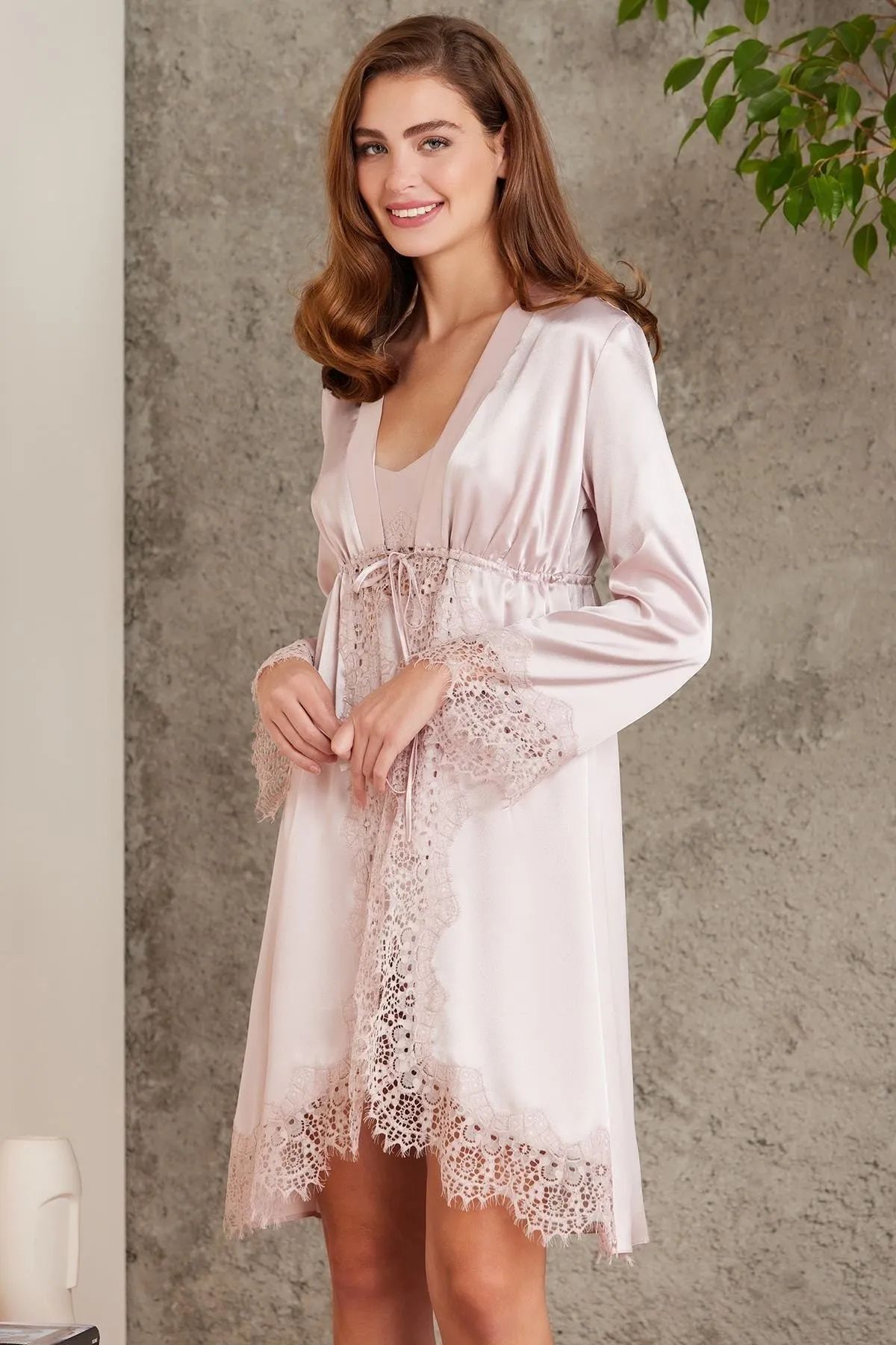 Pierre Cardin 7045 Kadın Pudra Bride Sabahlık Gecelik Şort Takım Saten 4lü Gelin Çeyiz Seti