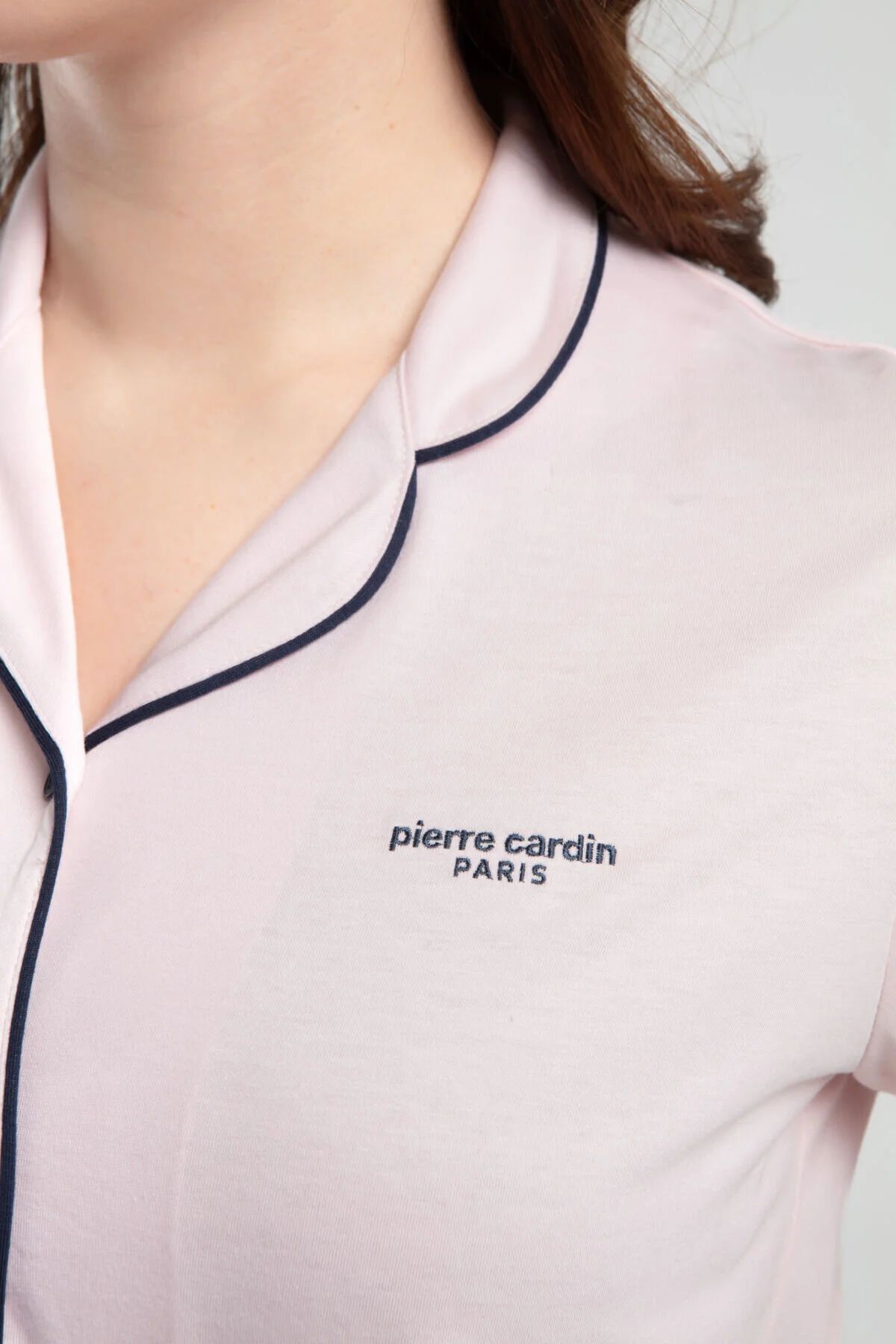 Pierre Cardin 7715 Kadın Somon Kısa Kollu Önden Düğmeli Biyeli Gömlek Pijama Takımı