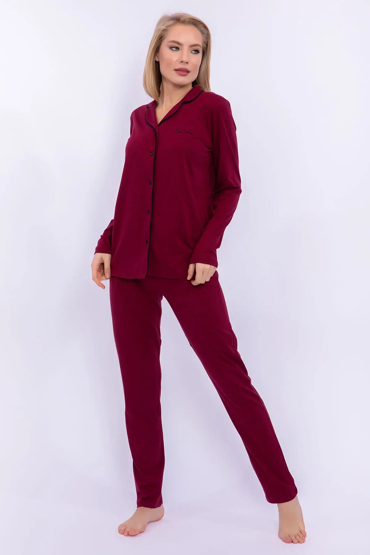 Pierre Cardin 7717 Kadın Bordo Uzun Kollu Önden Düğmeli Biyeli Gömlek Pijama Takımı