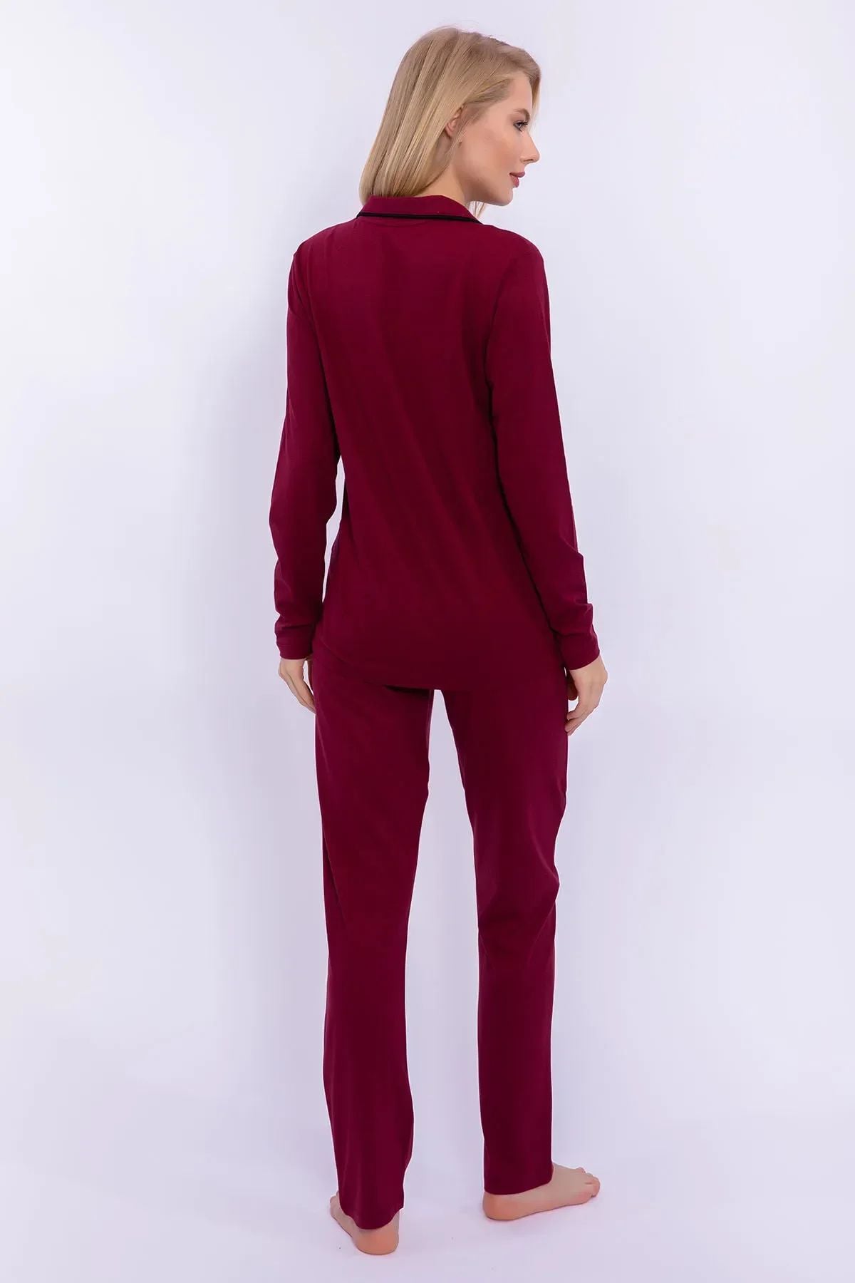 Pierre Cardin 7717 Kadın Bordo Uzun Kollu Önden Düğmeli Biyeli Gömlek Pijama Takımı