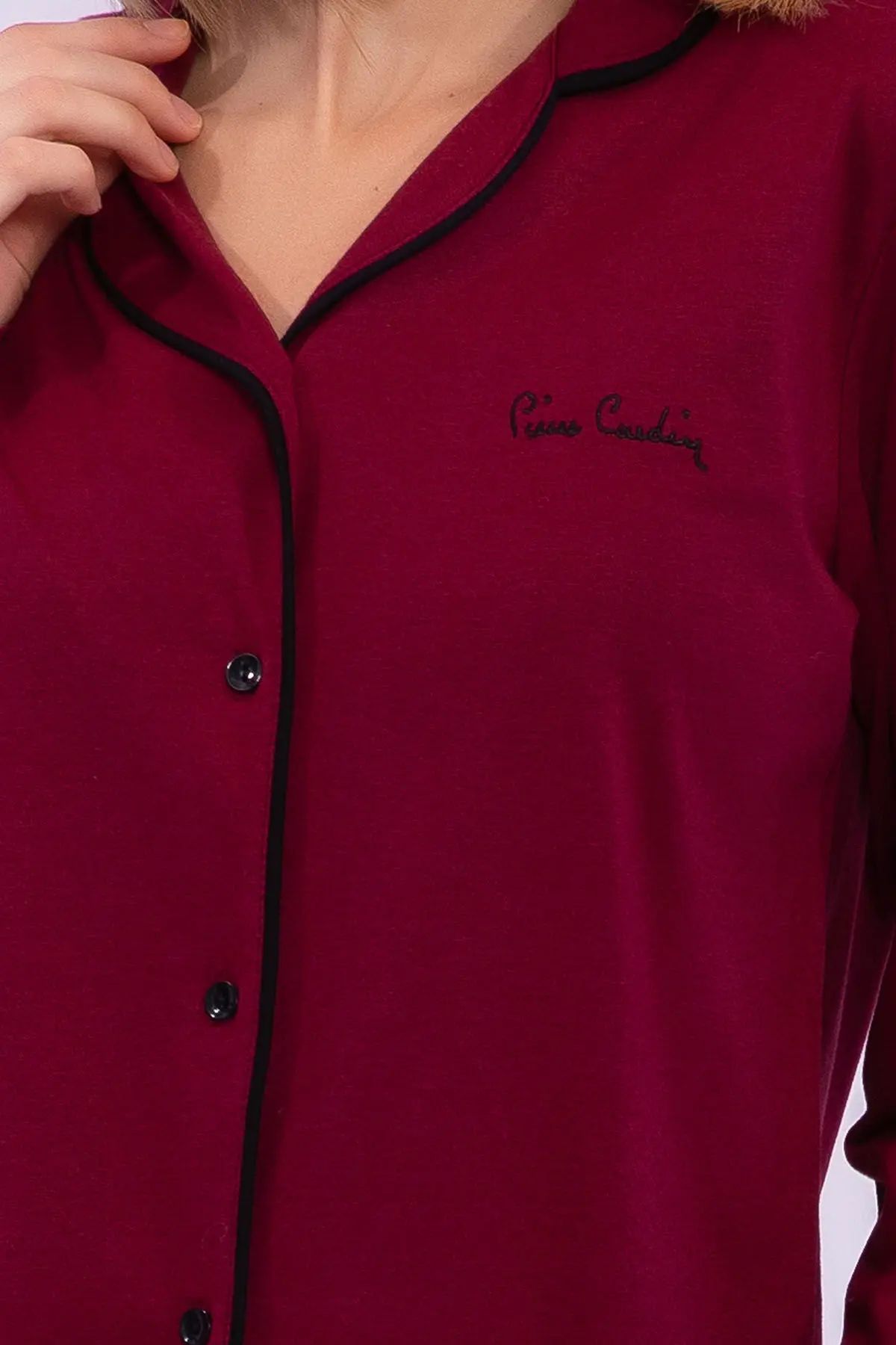 Pierre Cardin 7717 Kadın Bordo Uzun Kollu Önden Düğmeli Biyeli Gömlek Pijama Takımı