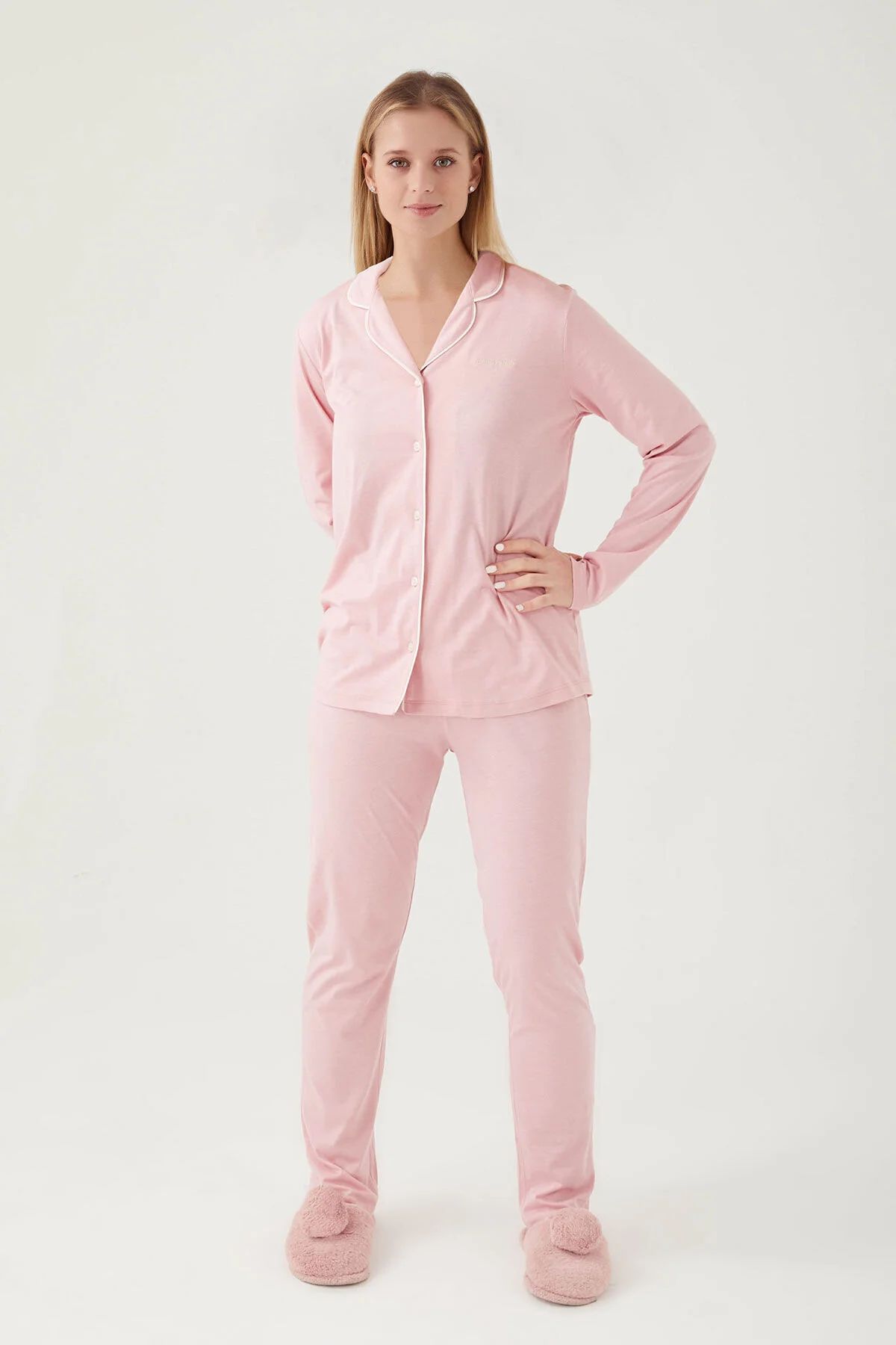 Pierre Cardin 7717 Kadın Gül Kurusu Uzun Kollu Önden Düğmeli Biyeli Gömlek Pijama Takımı