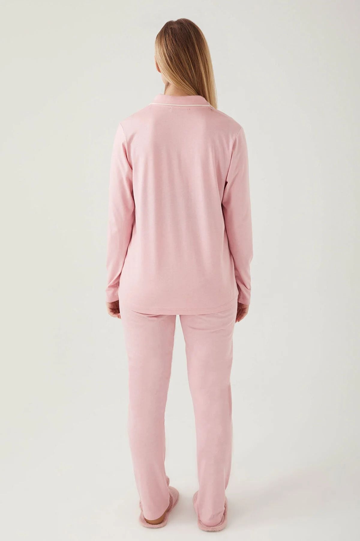 Pierre Cardin 7717 Kadın Gül Kurusu Uzun Kollu Önden Düğmeli Biyeli Gömlek Pijama Takımı