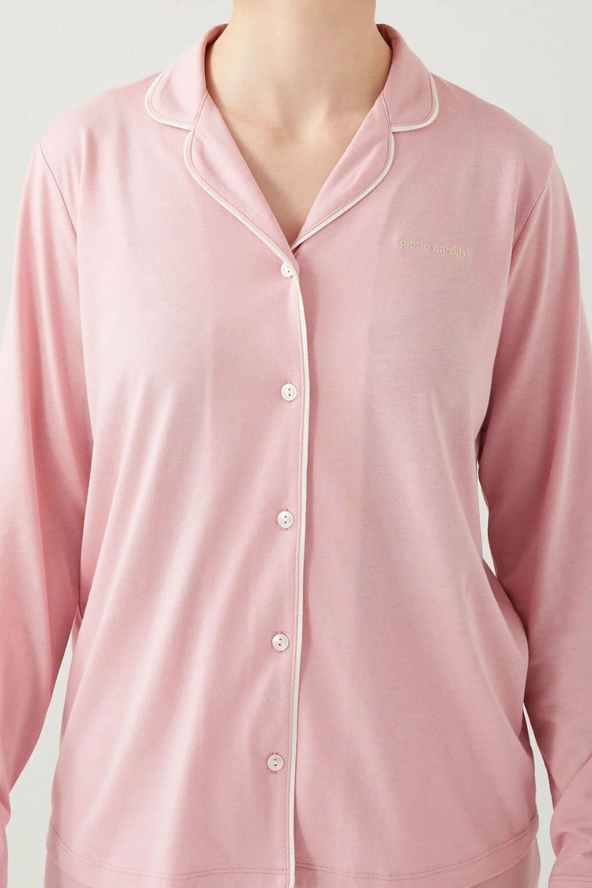 Pierre Cardin 7717 Kadın Gül Kurusu Uzun Kollu Önden Düğmeli Biyeli Gömlek Pijama Takımı