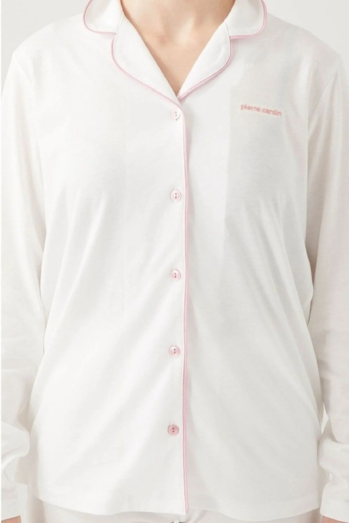 Pierre Cardin 7717 Kadın Krem Uzun Kollu Önden Düğmeli Biyeli Gömlek Pijama Takımı