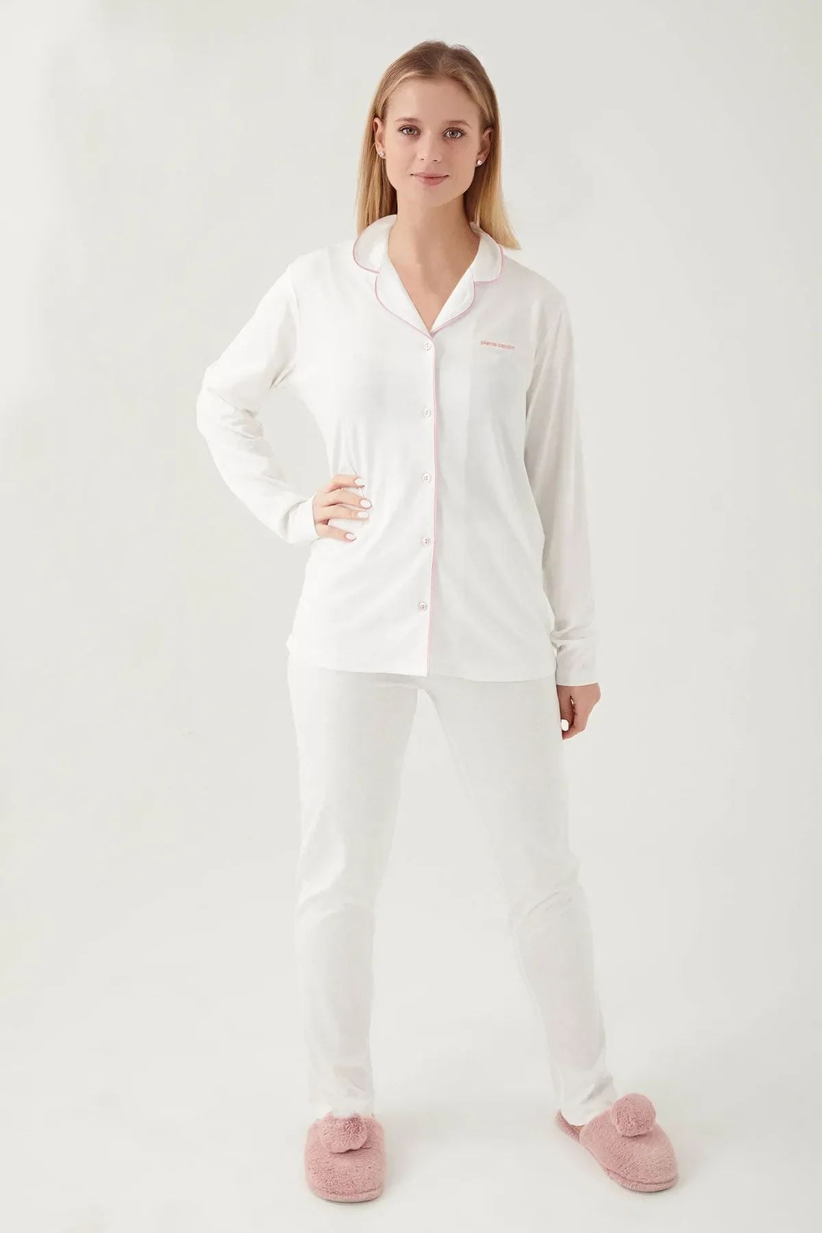 Pierre Cardin 7717 Kadın Krem Uzun Kollu Önden Düğmeli Biyeli Gömlek Pijama Takımı