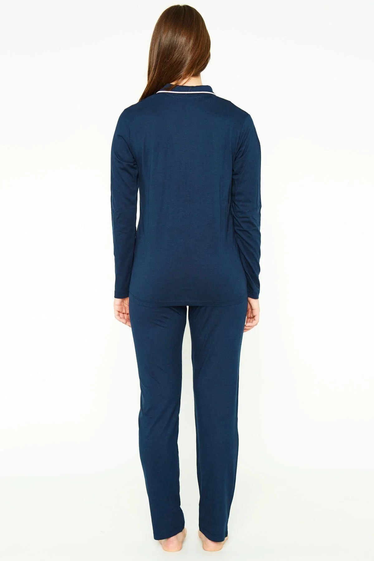Pierre Cardin 7717 Kadın Lacivert Uzun Kollu Önden Düğmeli Biyeli Gömlek Pijama Takımı