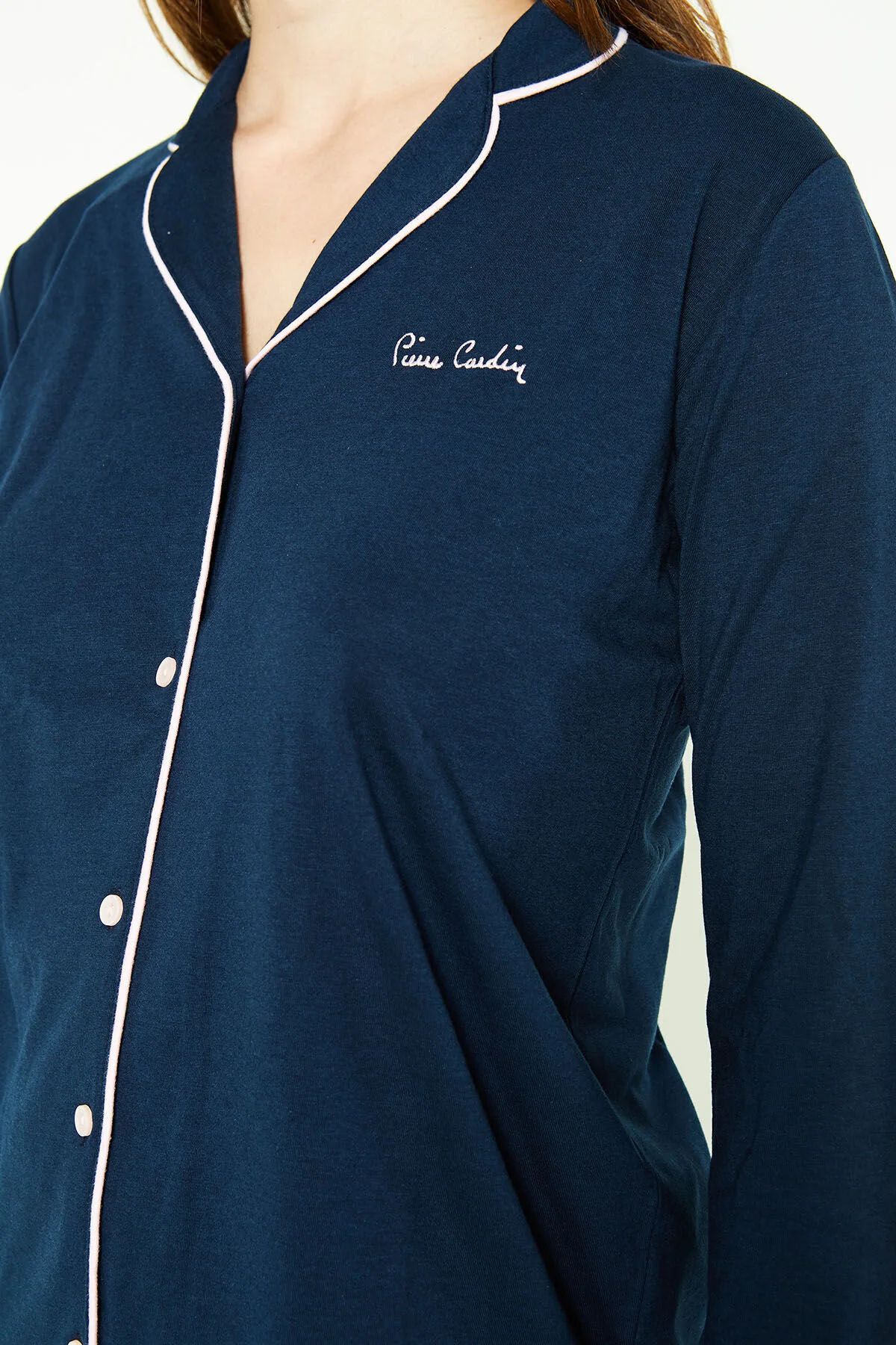 Pierre Cardin 7717 Kadın Lacivert Uzun Kollu Önden Düğmeli Biyeli Gömlek Pijama Takımı