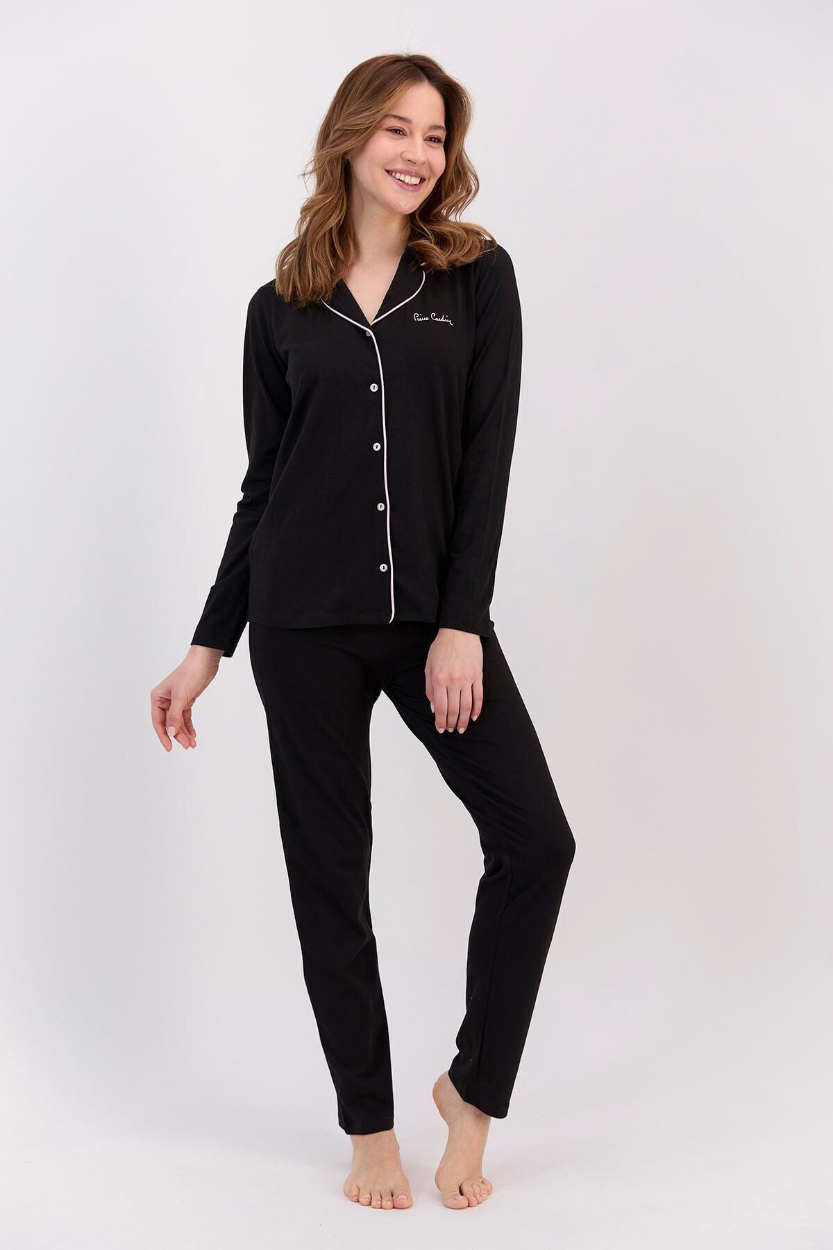 Pierre Cardin 7717 Kadın Siyah Uzun Kollu Önden Düğmeli Biyeli Gömlek Pijama Takımı