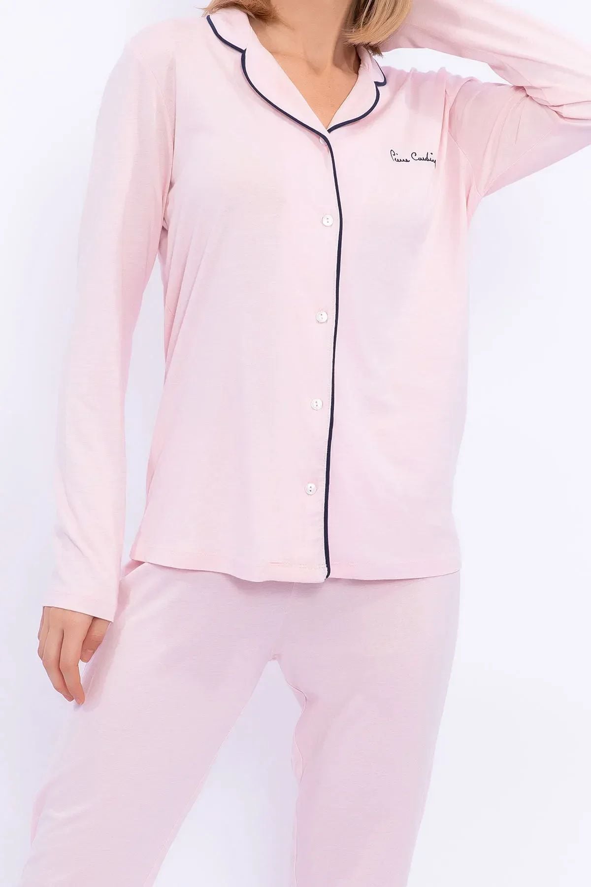 Pierre Cardin 7717 Kadın Somon Uzun Kollu Önden Düğmeli Biyeli Gömlek Pijama Takımı