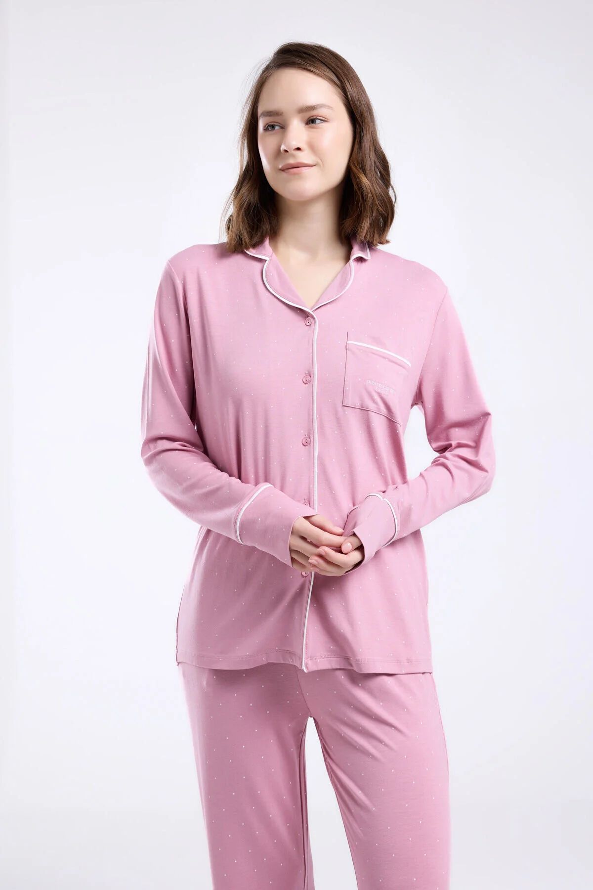 Pierre Cardin 8986 Kadın Gül Kurusu Uzun Kollu Önden Düğmeli Biyeli Gömlek Pijama Takımı