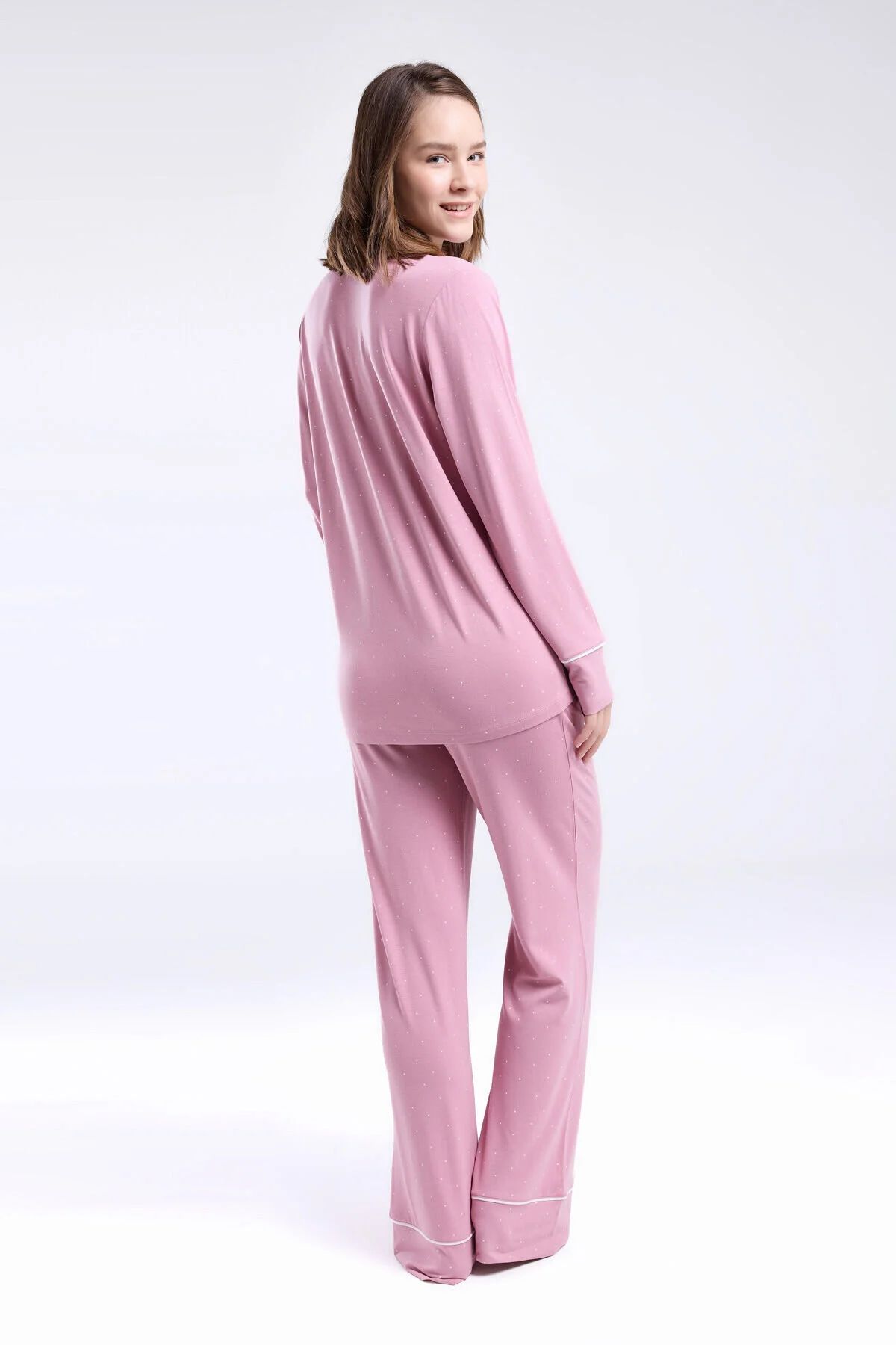 Pierre Cardin 8986 Kadın Gül Kurusu Uzun Kollu Önden Düğmeli Biyeli Gömlek Pijama Takımı