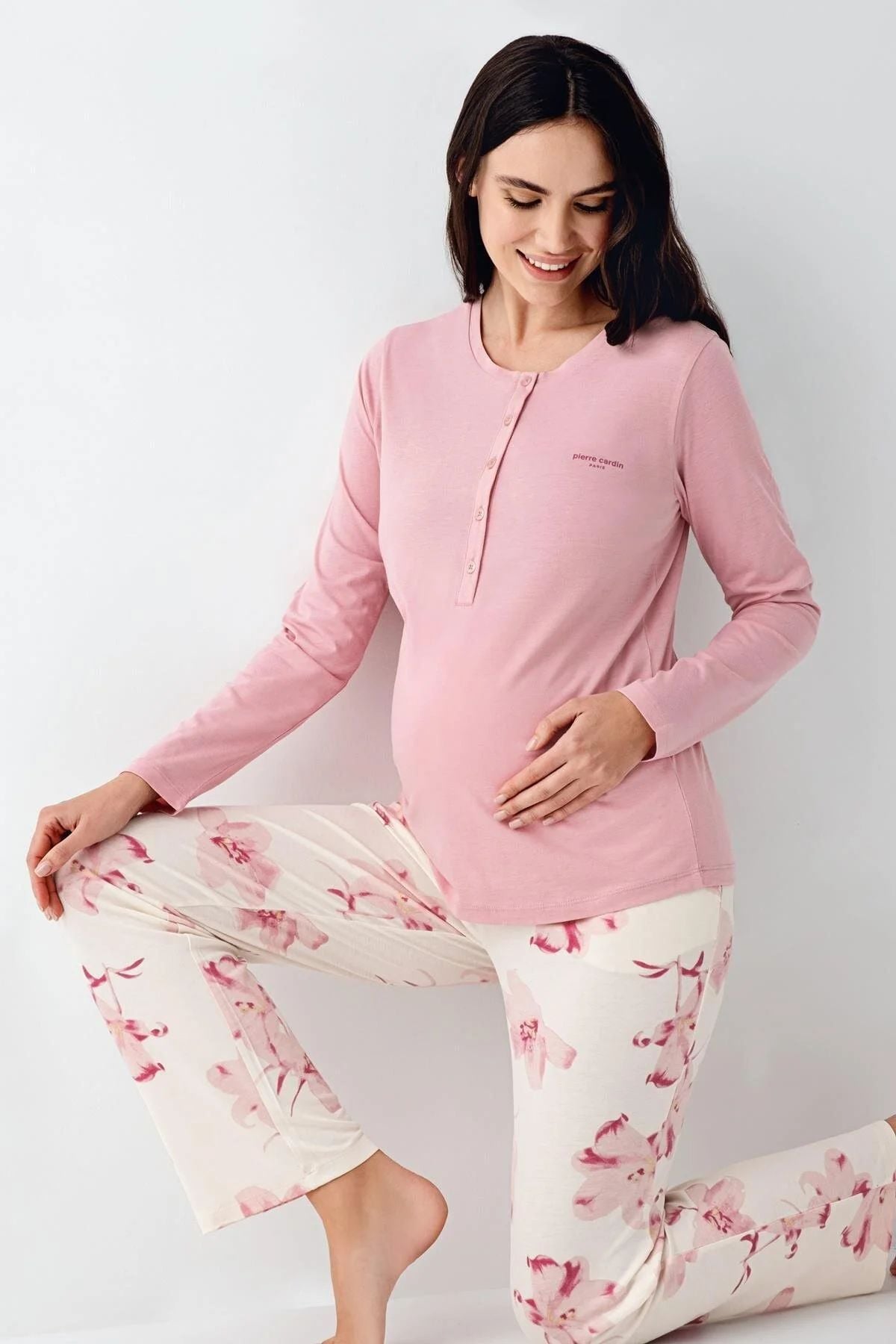 Pierre Cardin 9059 Kadın Gül Kurusu Uzun Kollu Hamile Lohusa Önden Emzirme Özellikli Pijama Takımı